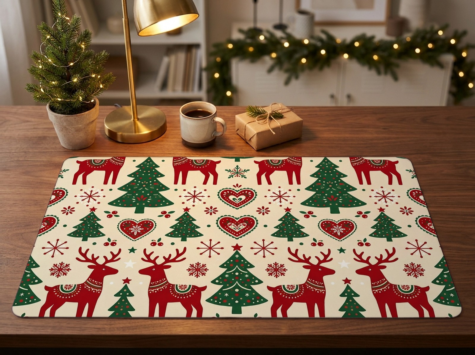 White Desk Mat Christmas Mockup on a Walnut Desk with a Brass Lamp example
