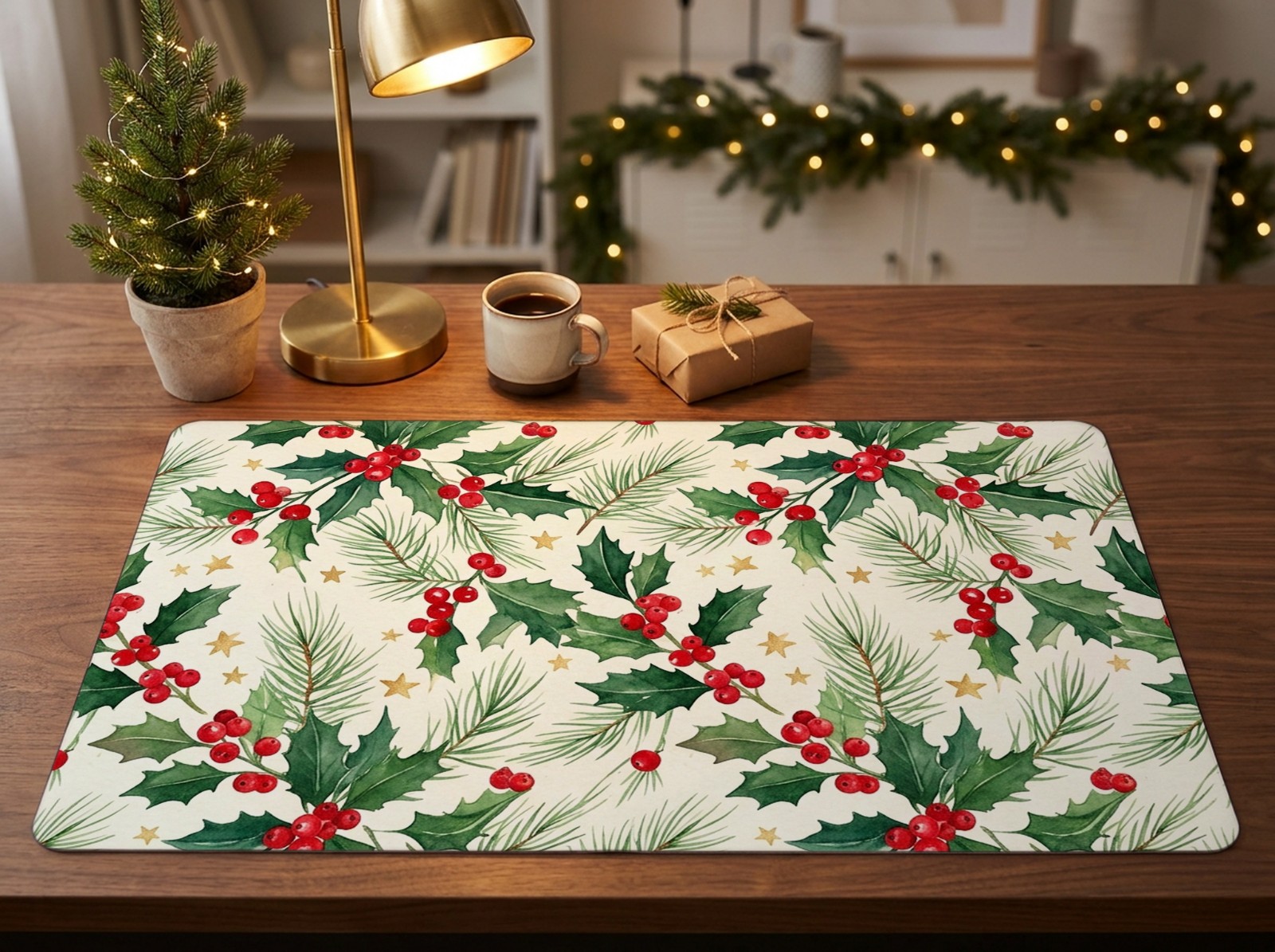 White Desk Mat Christmas on a Walnut Desk with a Brass Lamp showing a watercolour holly and pine pattern