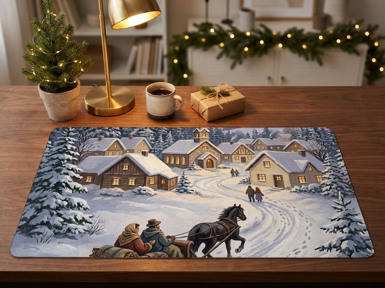 White Desk Mat Christmas on a Walnut Desk with a Brass Lamp showing a vintage snowy winter village painting