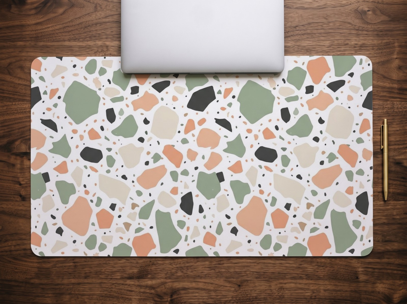 White Desk Mat Mockup on a Walnut Desk with a Laptop example