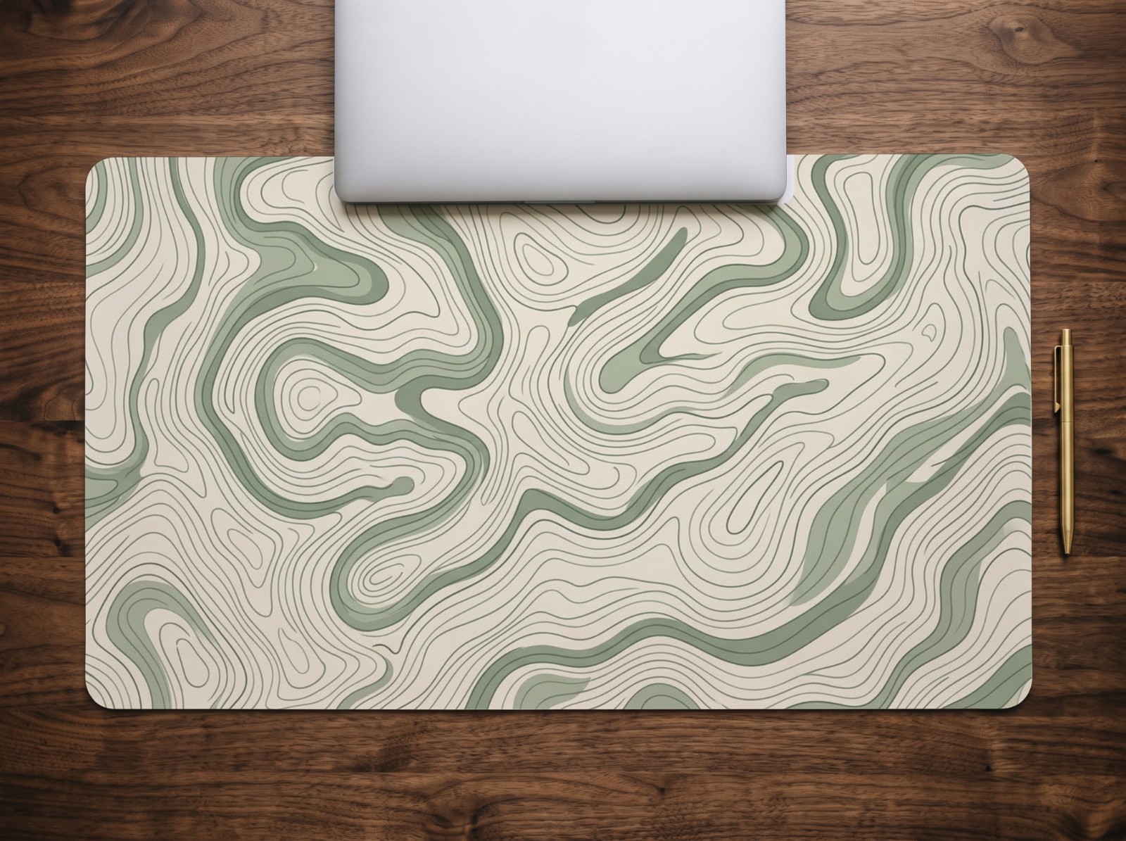White Desk Mat on a Walnut Desk with a Laptop showing a sage topographic map pattern