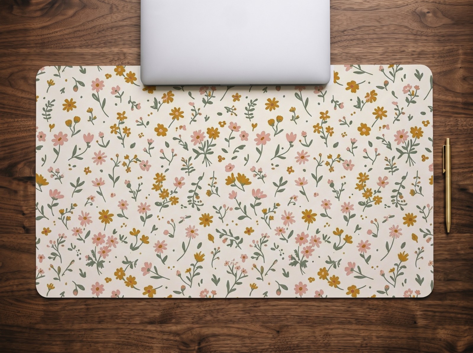 White Desk Mat on a Walnut Desk with a Laptop showing a ditsy wildflower pattern