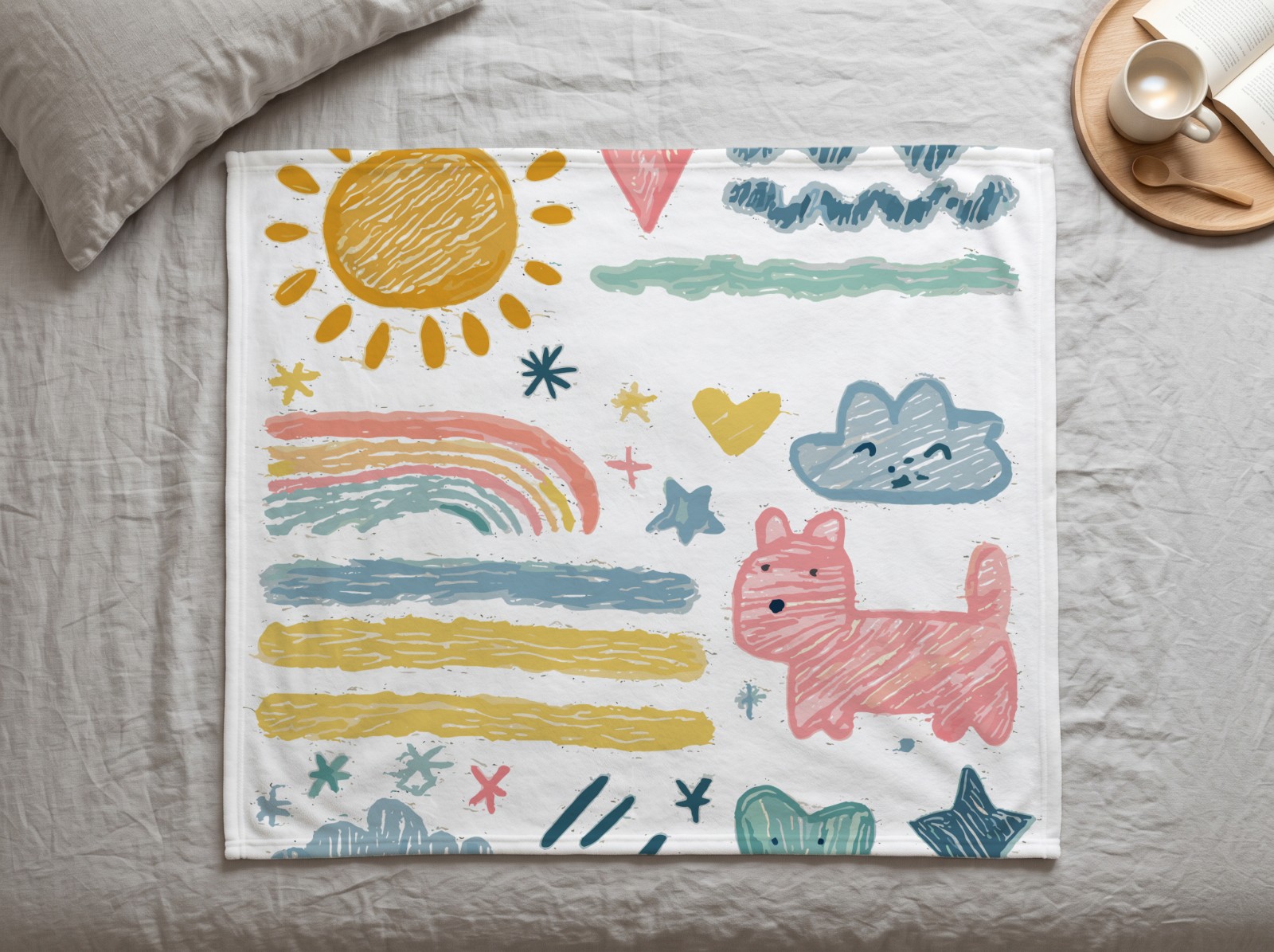 White Fleece Throw Blanket on a Linen Bed showing the crayon doodles artwork