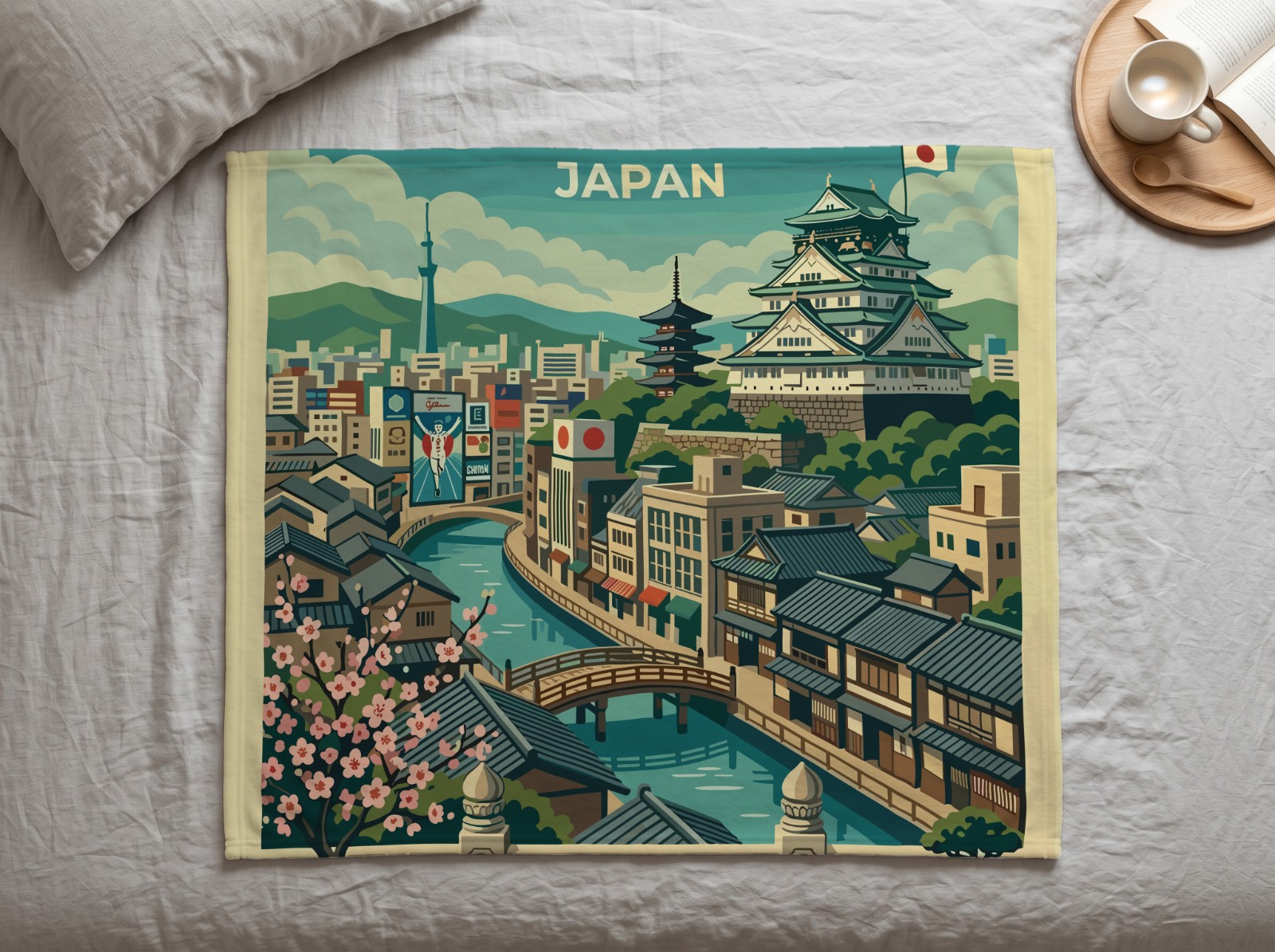 White Fleece Throw Blanket on a Linen Bed showing the Osaka Japan travel print