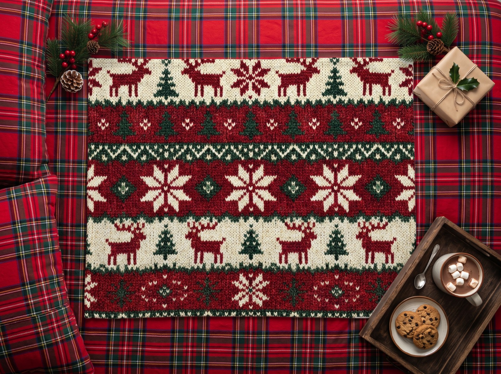 White Fleece Blanket Christmas Mockup on a Red Tartan Bed example