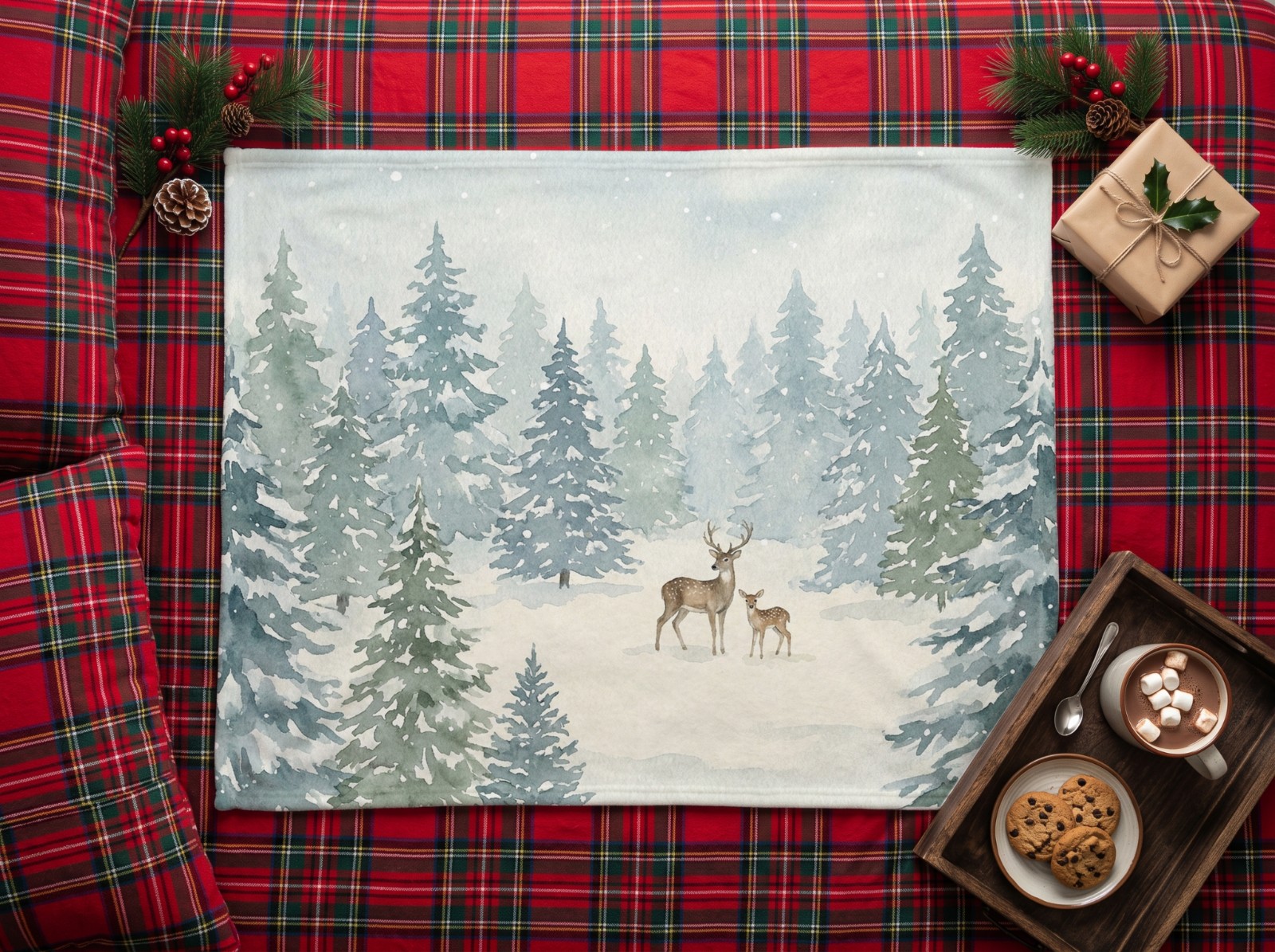 White Fleece Blanket Christmas on a Red Tartan Bed showing a watercolour winter forest with deer
