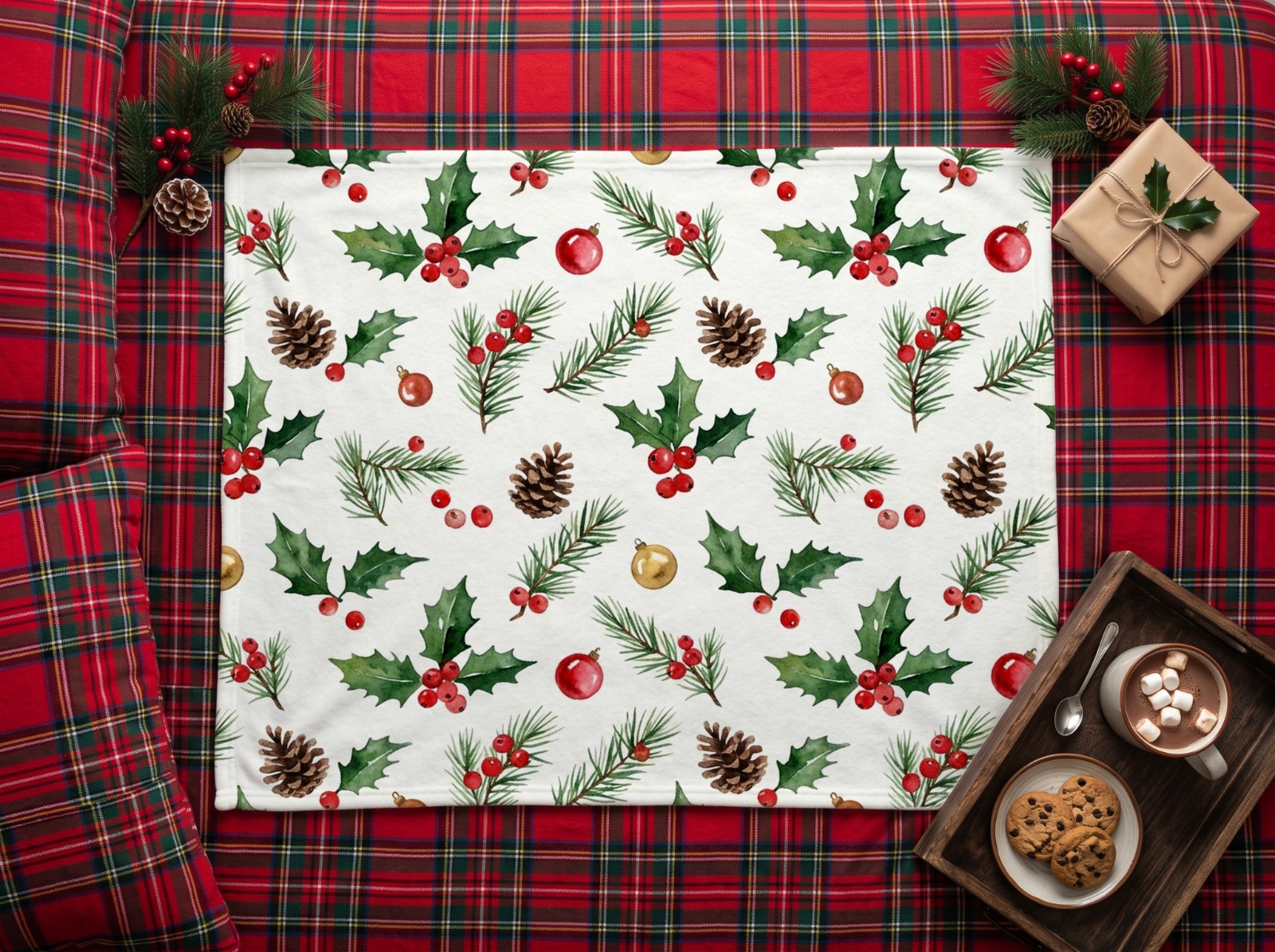 White Fleece Blanket Christmas on a Red Tartan Bed showing a watercolour holly and pine pattern