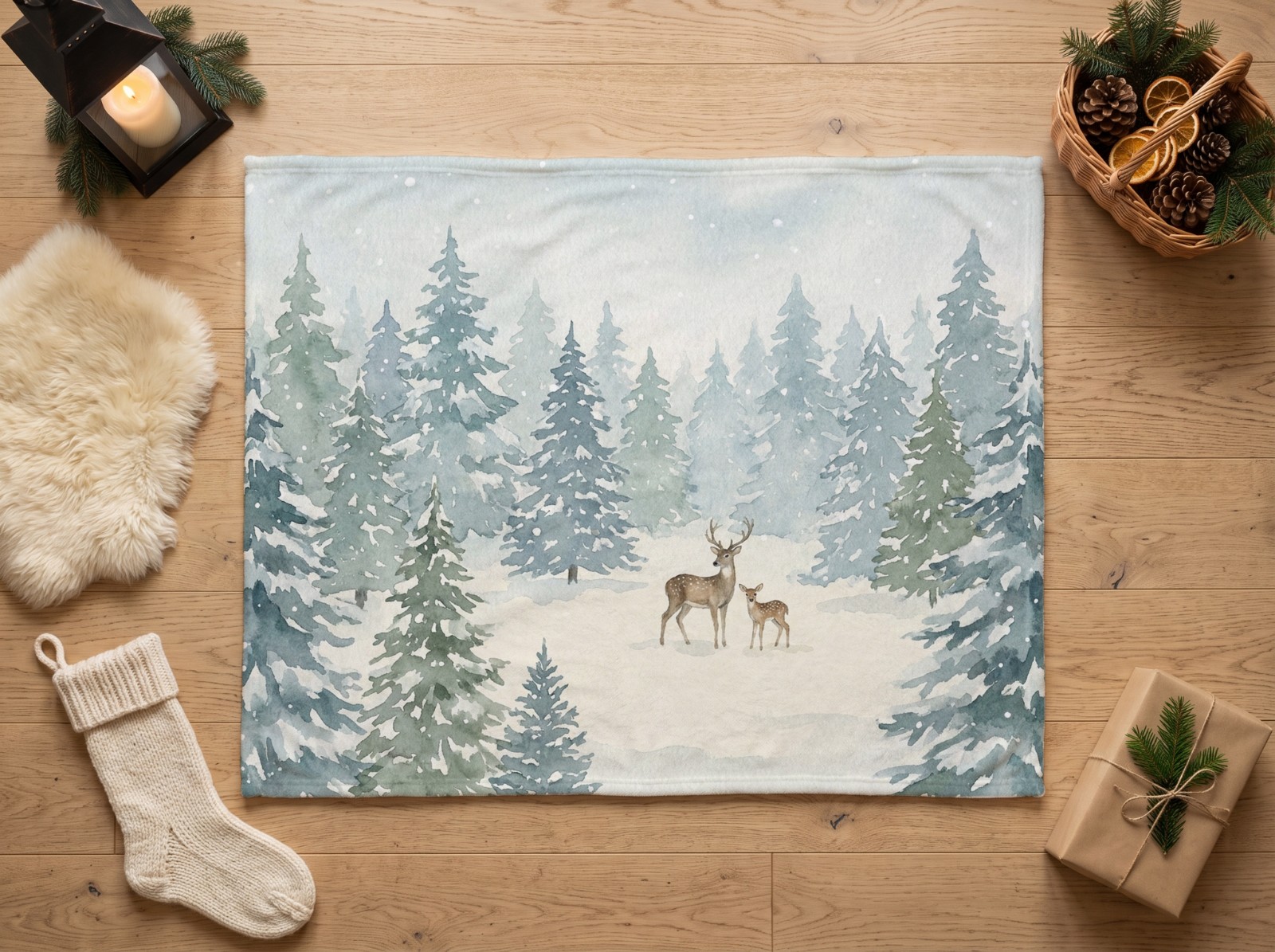White Fleece Blanket Christmas Mockup on a Wood Floor with a Knit Stocking example