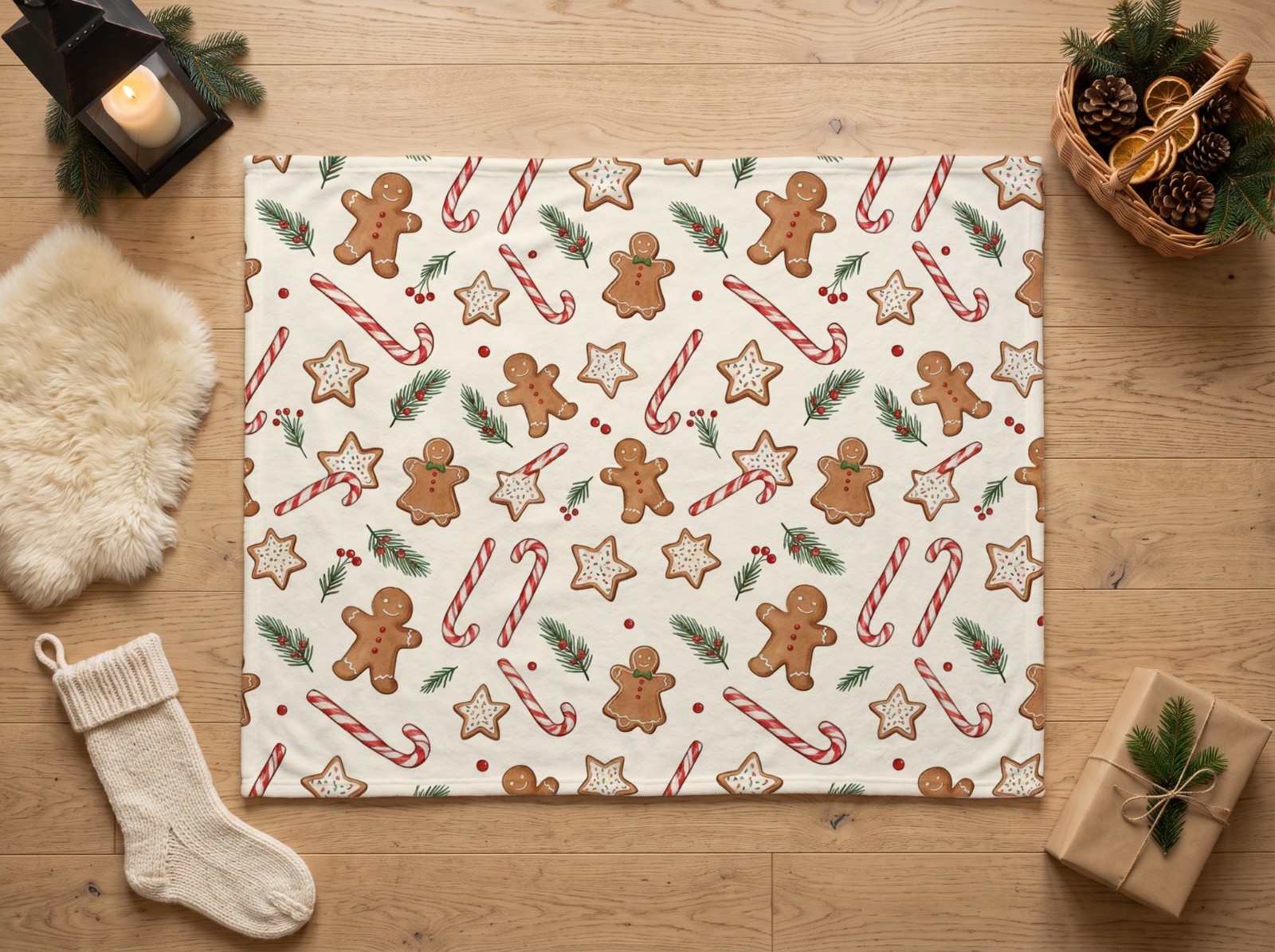 White Fleece Blanket Christmas on a Wood Floor with a Knit Stocking showing a gingerbread and candy cane pattern