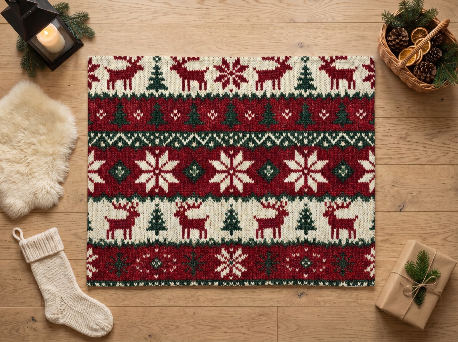 White Fleece Blanket Christmas on a Wood Floor with a Knit Stocking showing a Nordic fair isle reindeer pattern