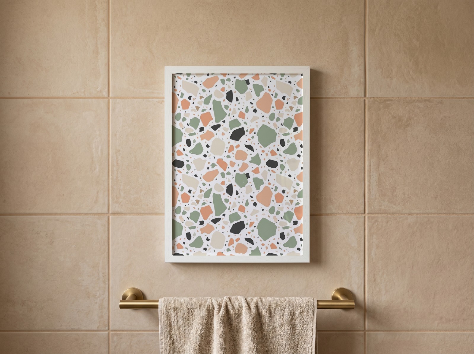 White Frame Mockup on a Beige Tiled Bathroom Wall example