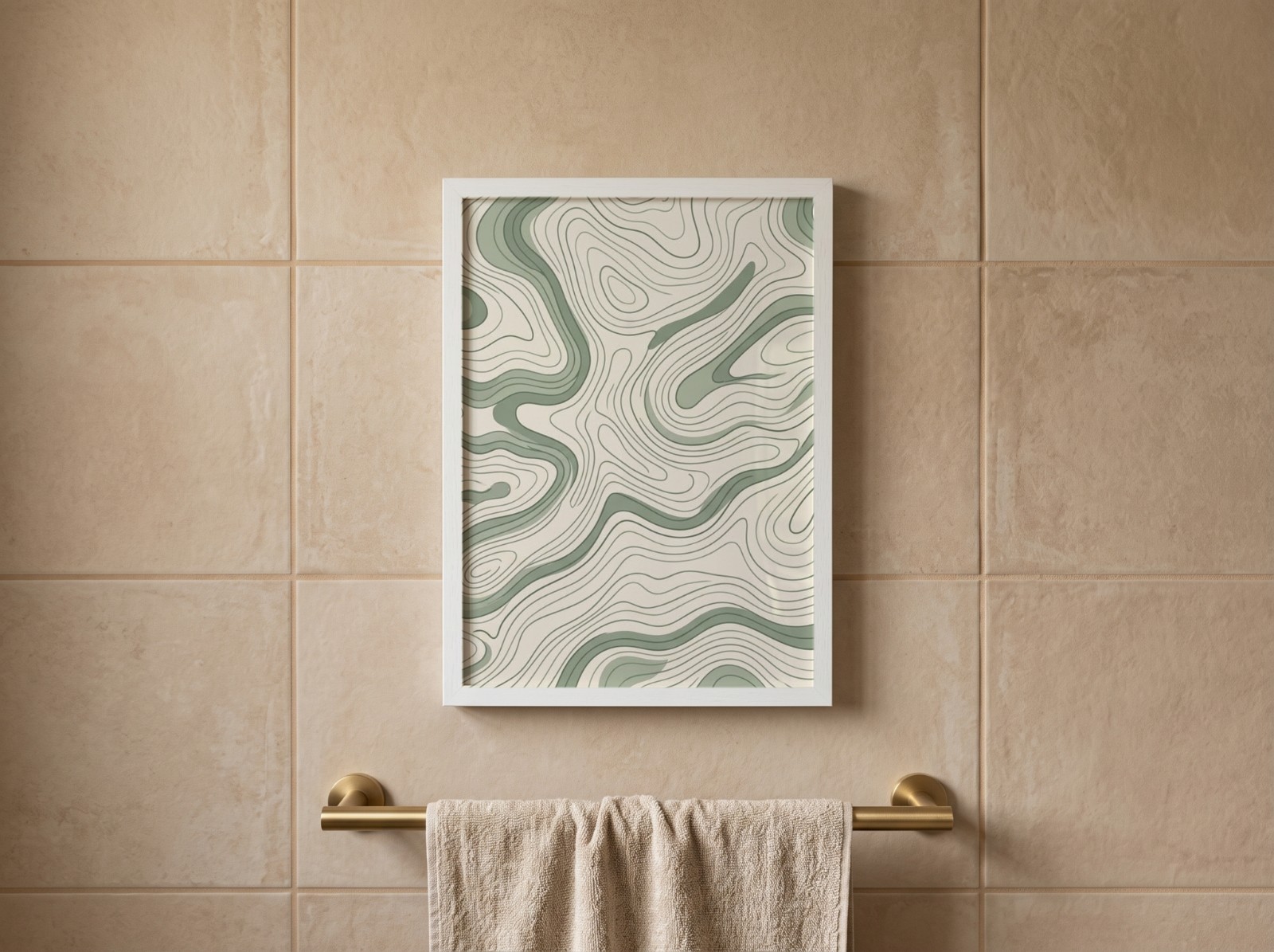 White Frame on a Beige Tiled Bathroom Wall showing a sage topographic map pattern