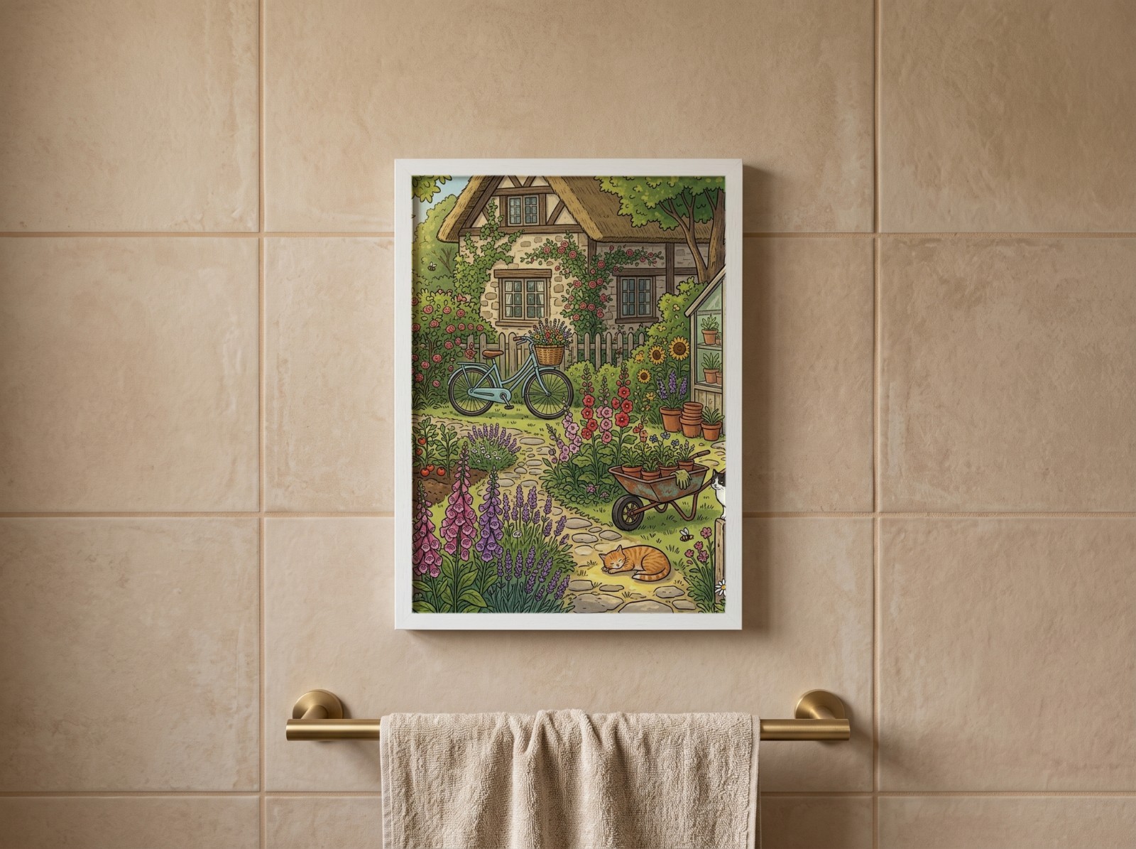 White Frame on a Beige Tiled Bathroom Wall showing a cottage garden illustration