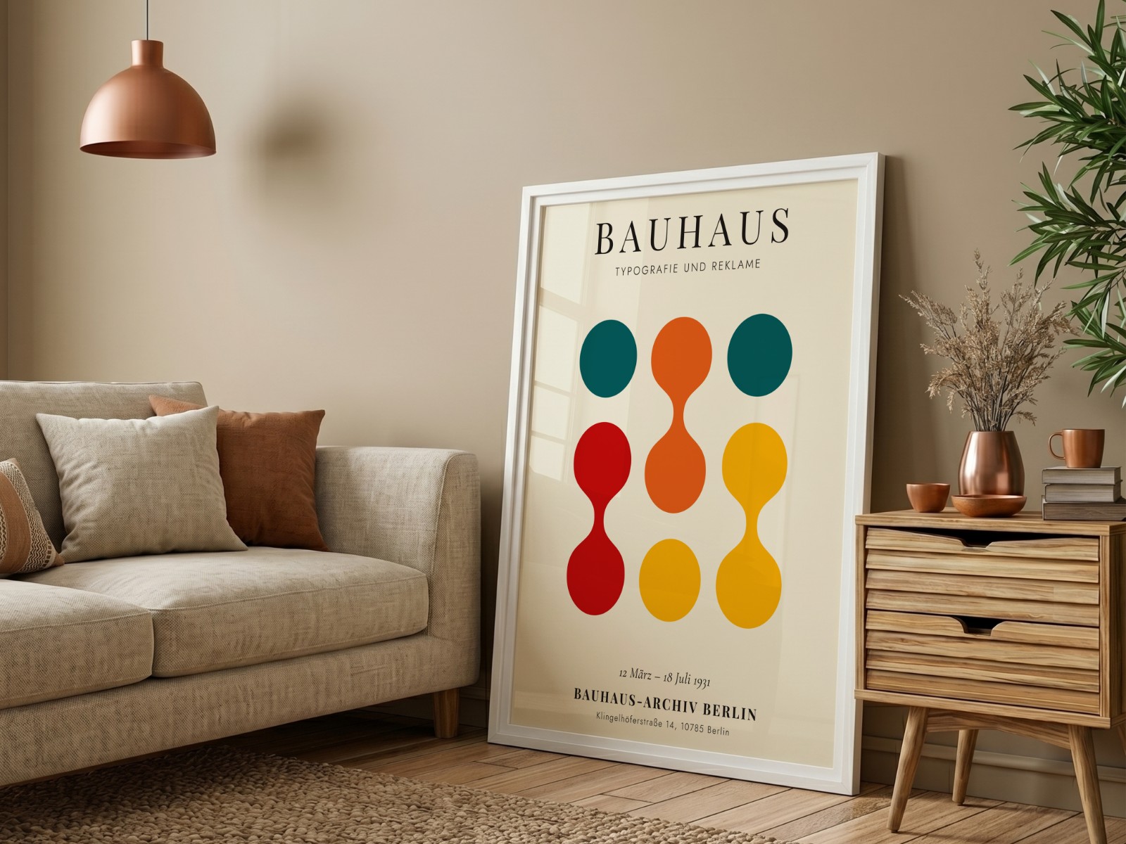 White Frame on Beige Wall with Sofa showing a Bauhaus circles print