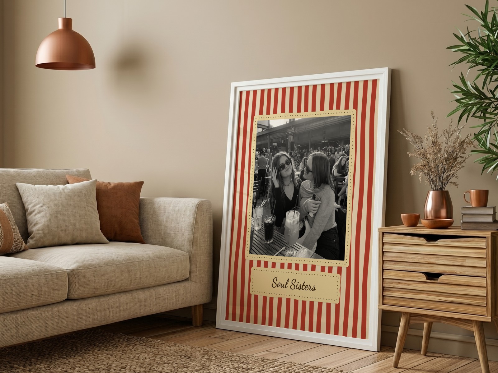 White Frame on Beige Wall with Sofa showing a retro Soul Sisters print
