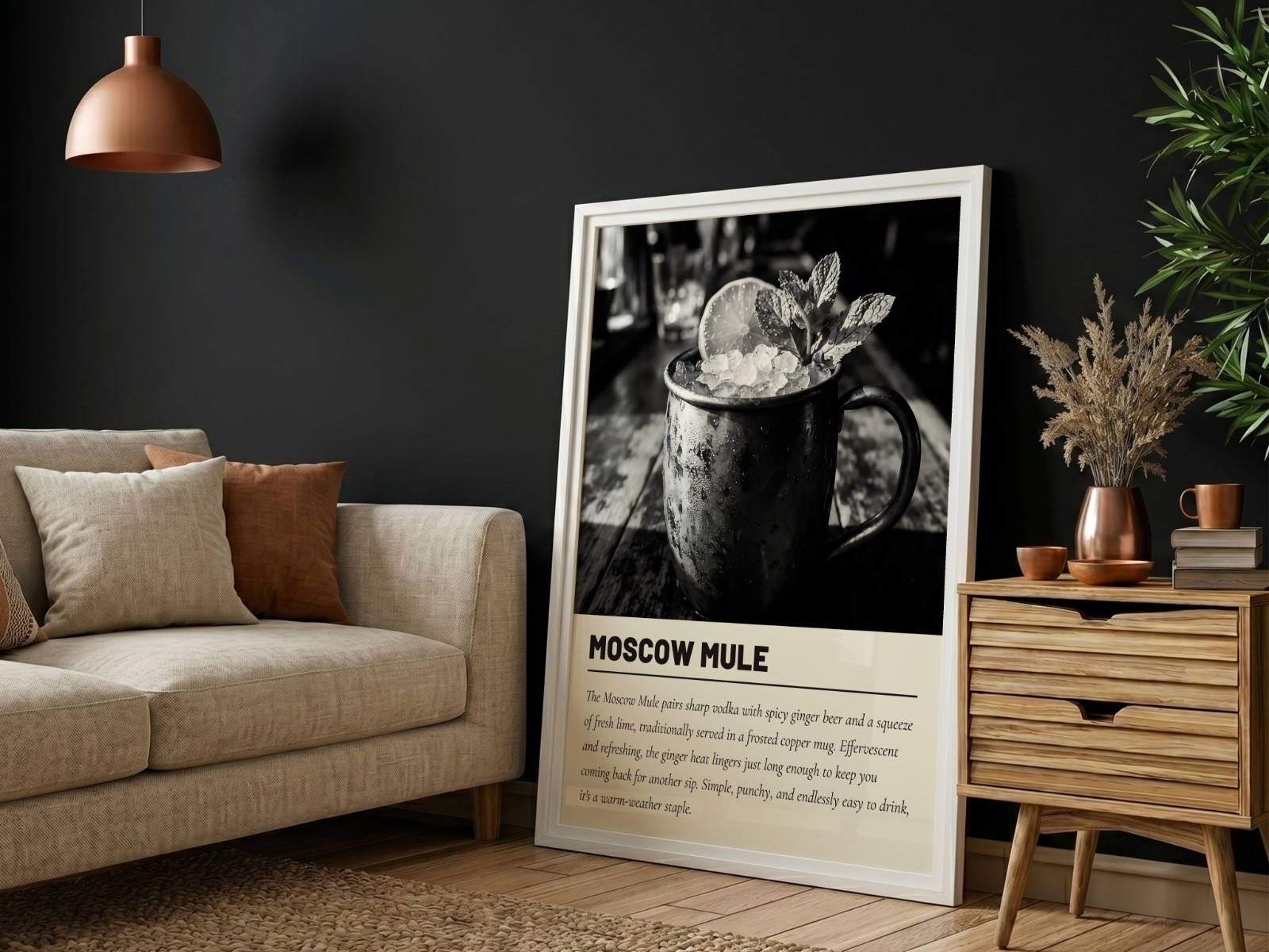 White Frame on Black Wall with Sofa showing a Moscow Mule cocktail print