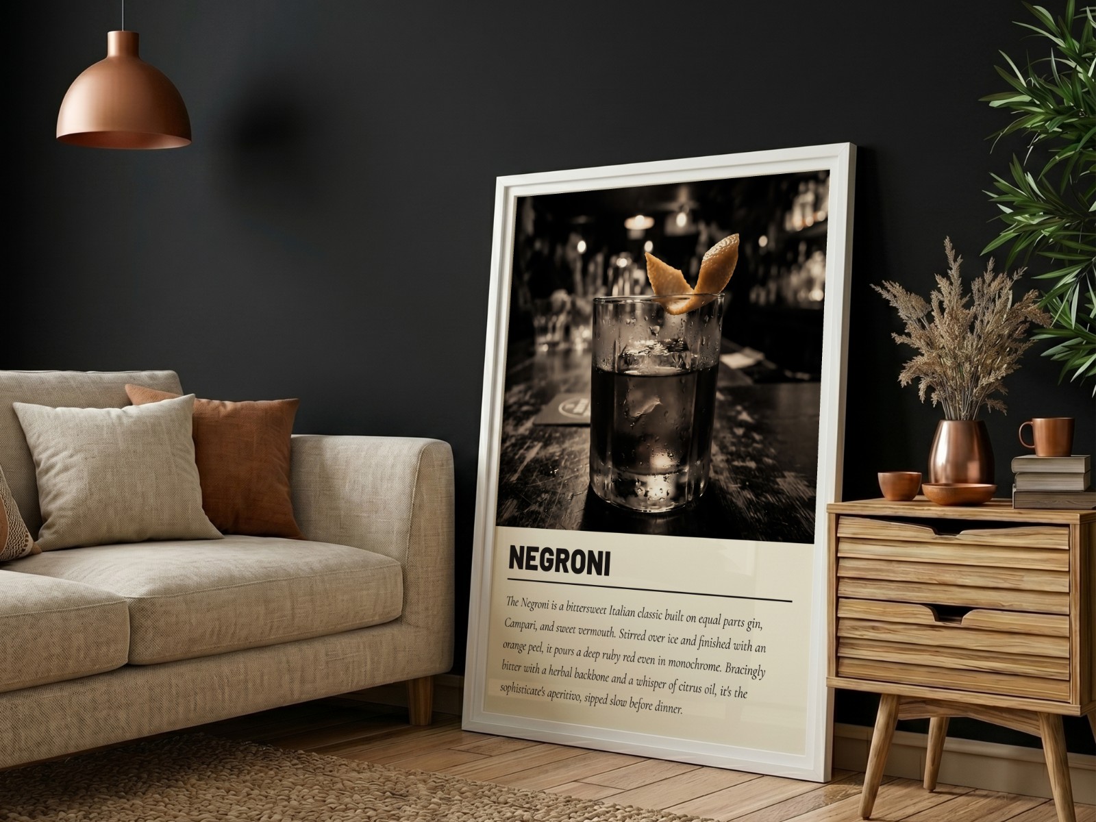 White Frame on Black Wall with Sofa showing a Negroni cocktail print