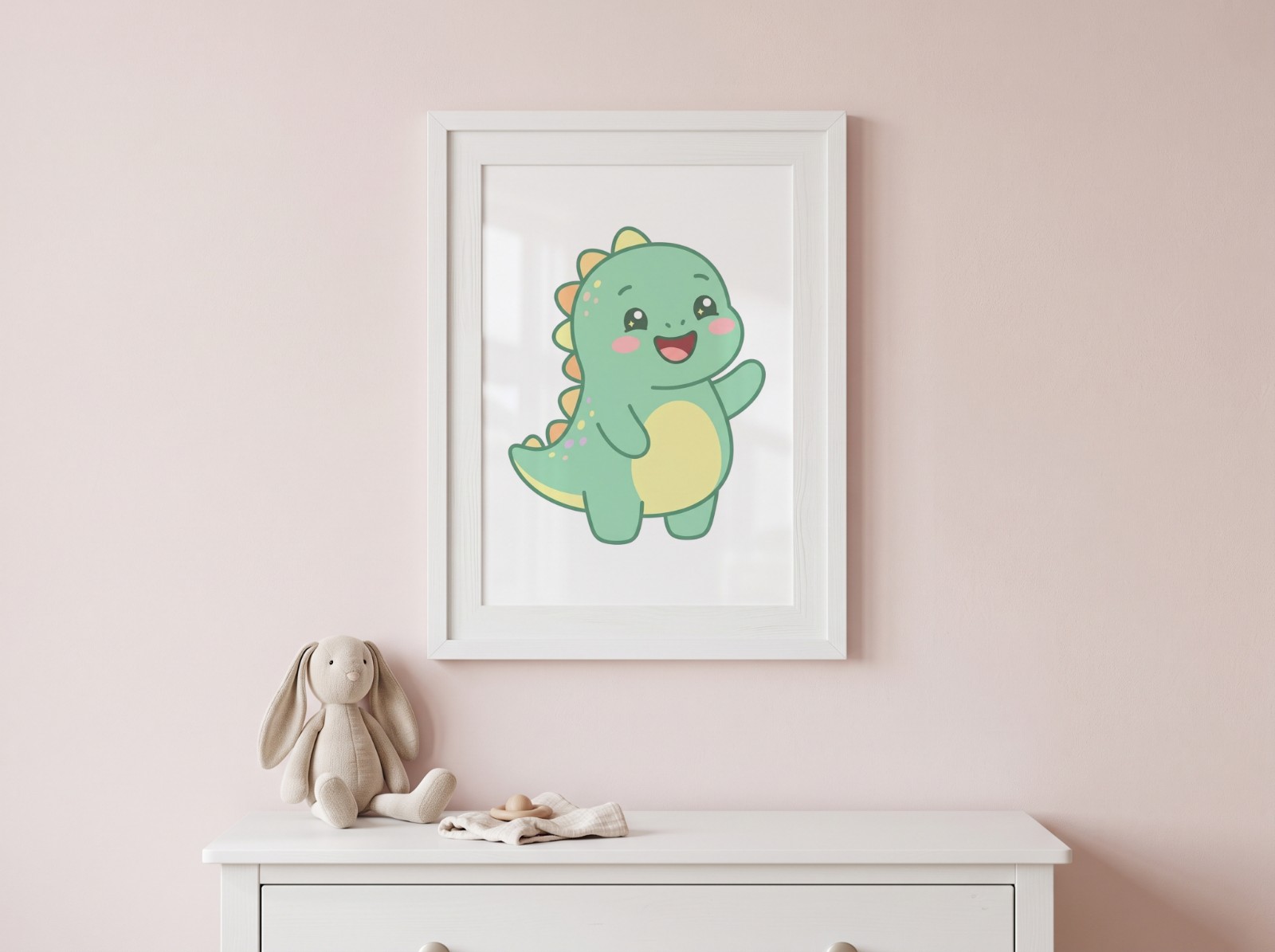 White Frame on a Blush Nursery Wall showing a cute baby dinosaur