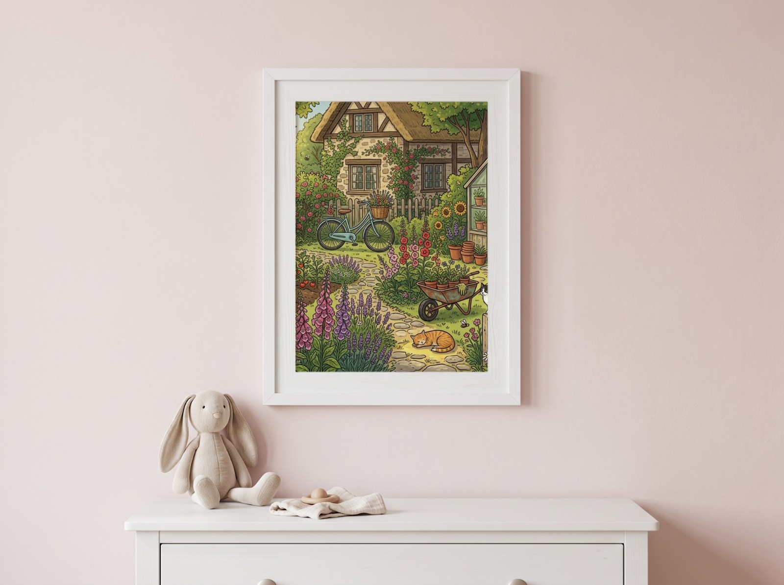 White Frame on a Blush Nursery Wall showing a cottage garden illustration