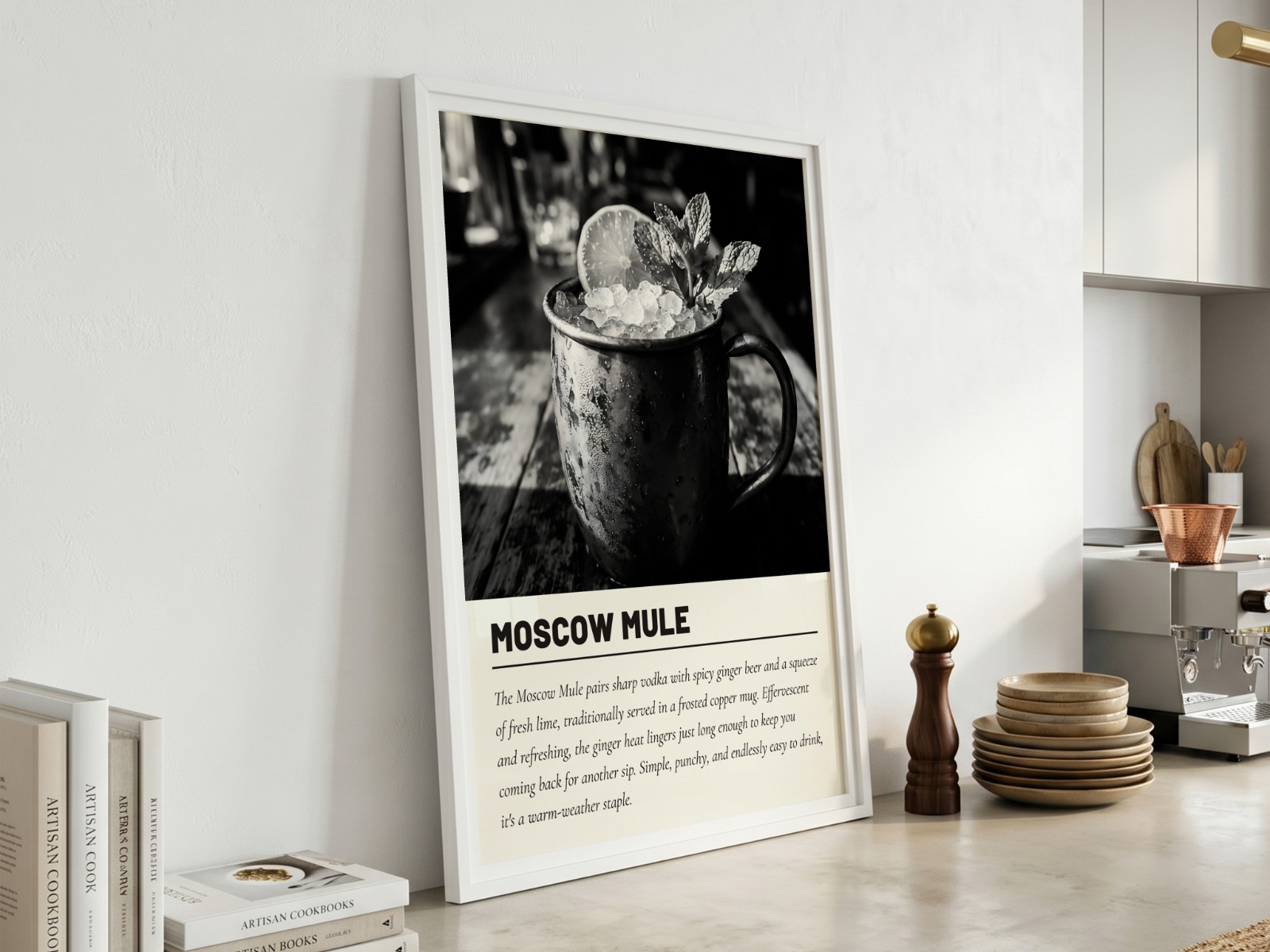 White Frame in Bright White Kitchen showing a Moscow Mule cocktail print