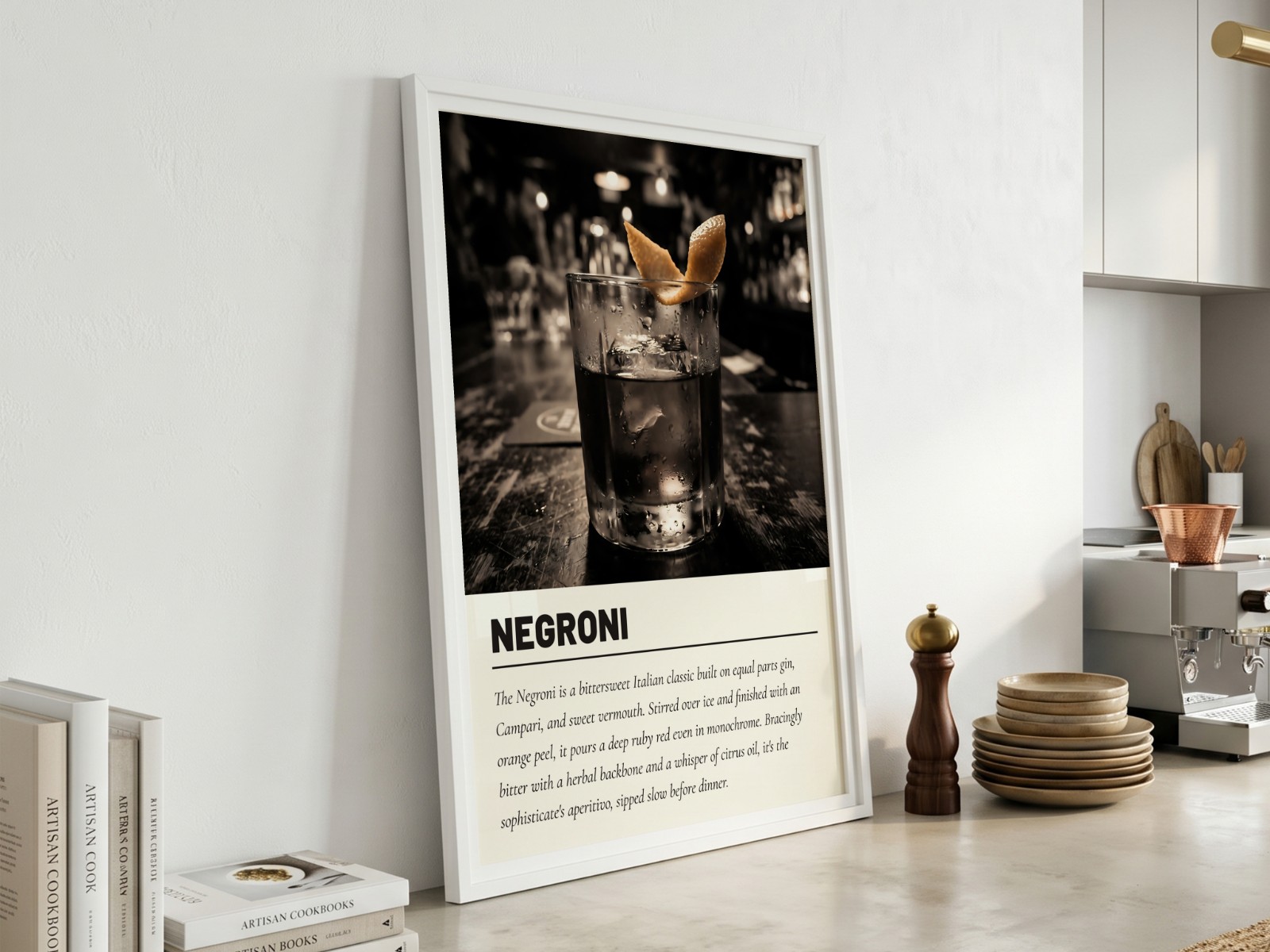 White Frame in Bright White Kitchen showing a Negroni cocktail print