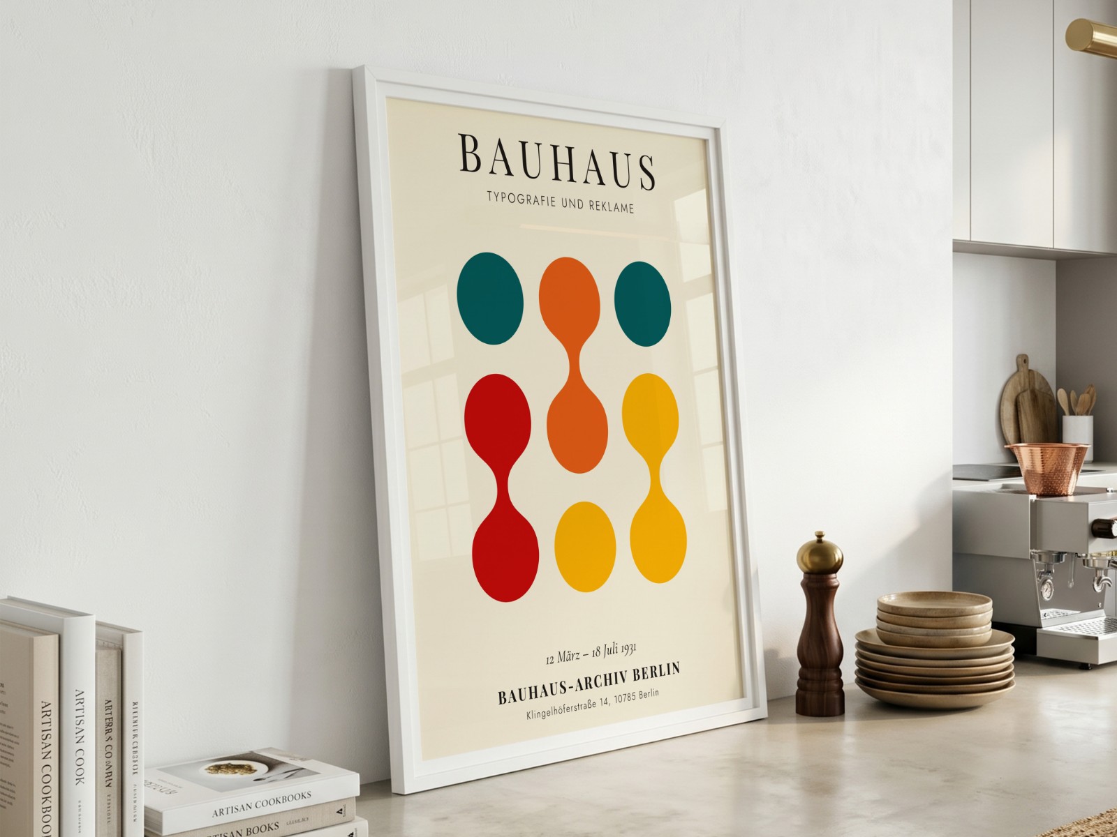 White Frame in Bright White Kitchen showing a Bauhaus circles print