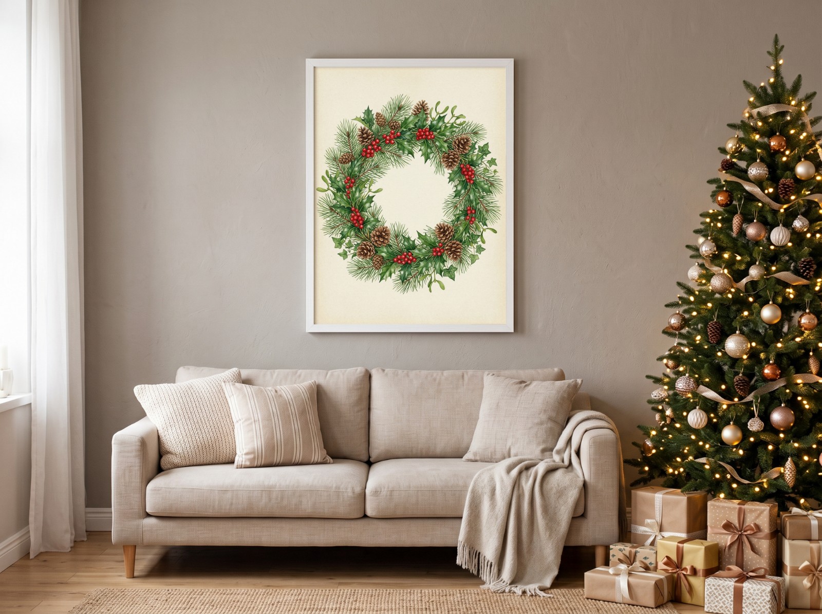 White Frame Christmas Poster Mockup Above a Sofa by the Christmas Tree example