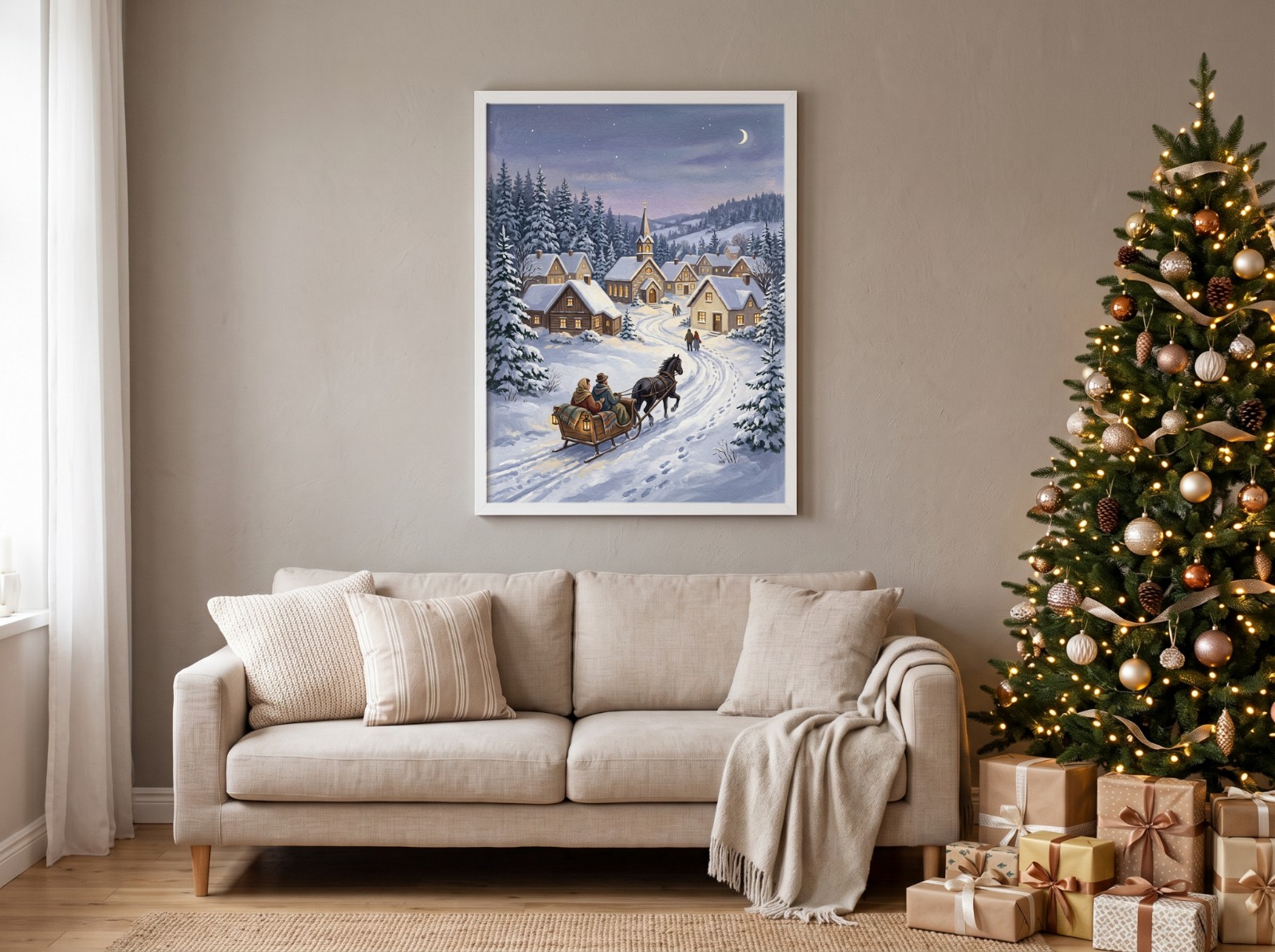 White Frame Christmas Poster Above a Sofa by the Christmas Tree showing a vintage snowy winter village painting