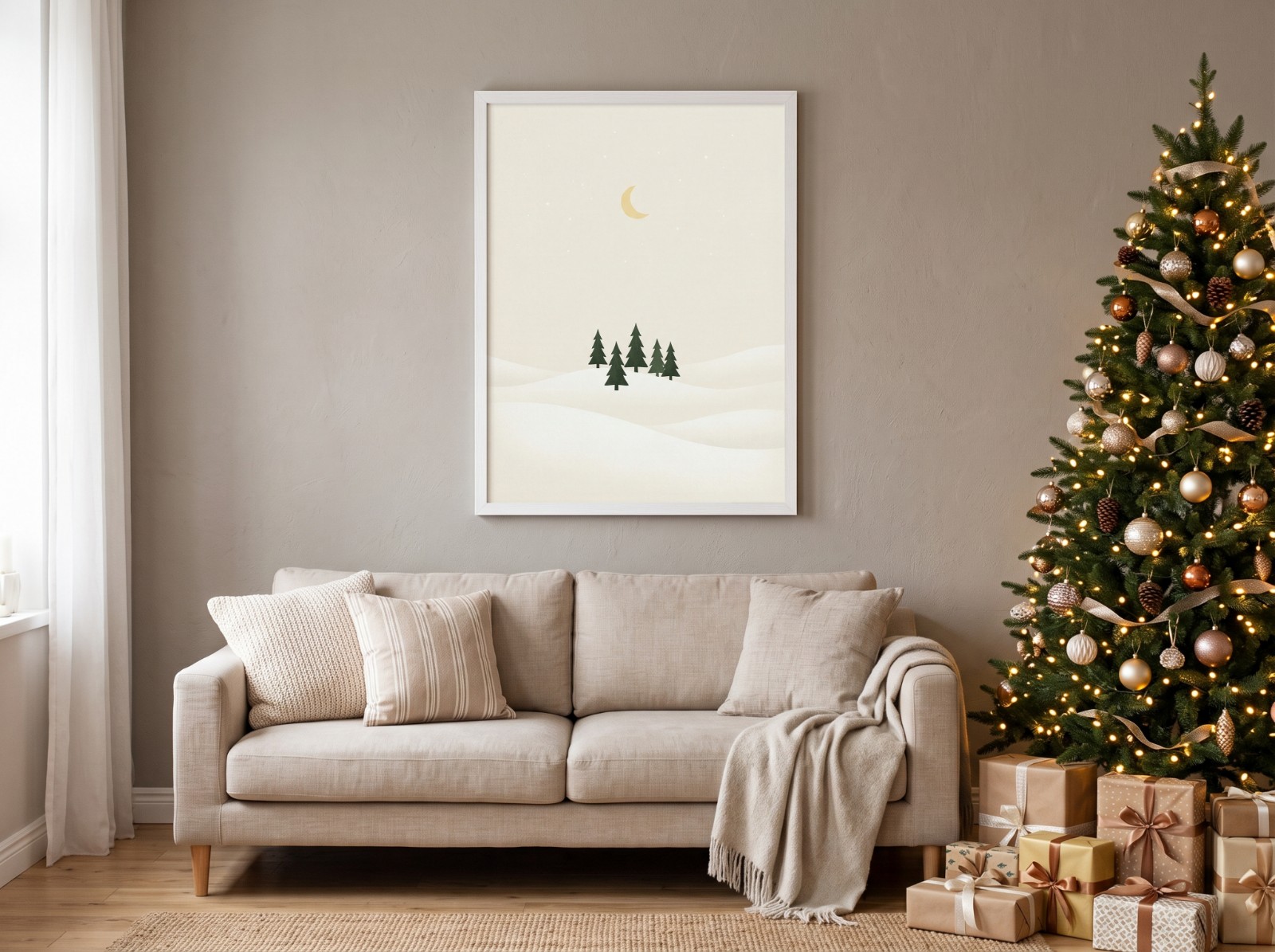 White Frame Christmas Poster Above a Sofa by the Christmas Tree showing a minimal Nordic pine tree print