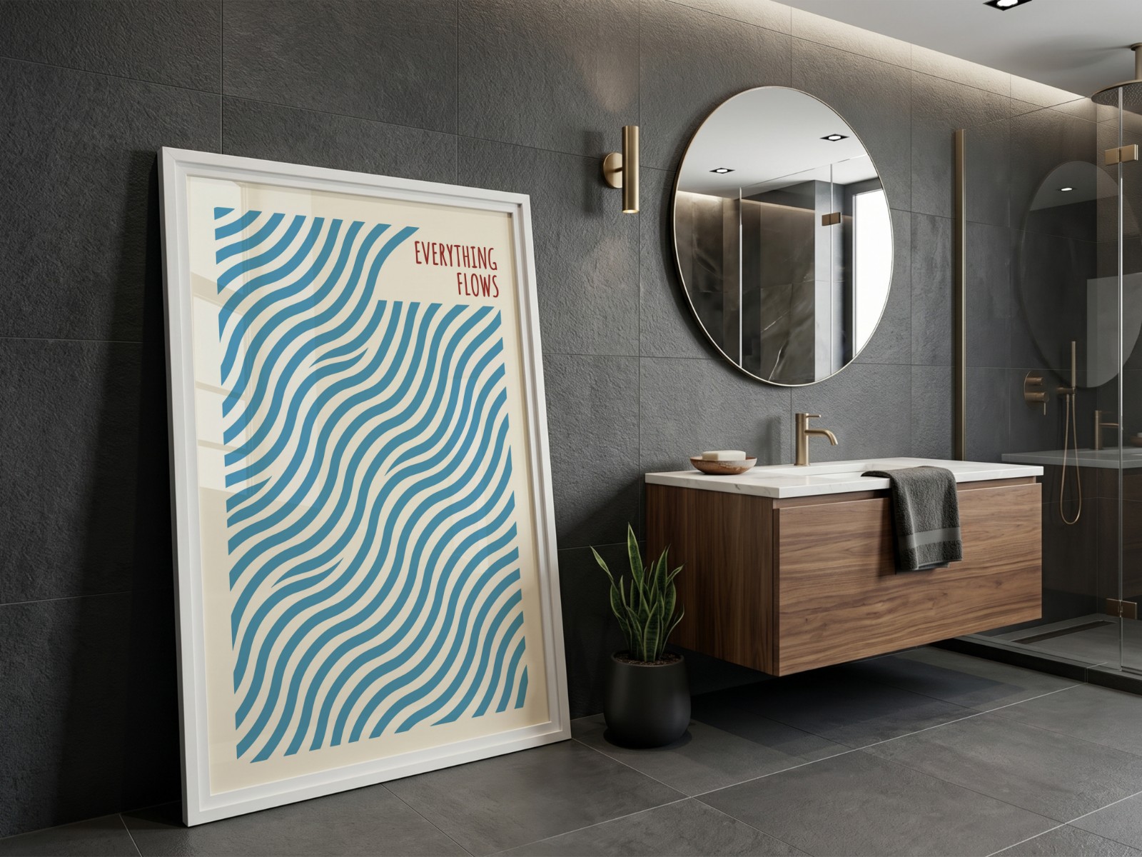 White Frame in Dark Tiled Bathroom showing an Everything Flows wave print