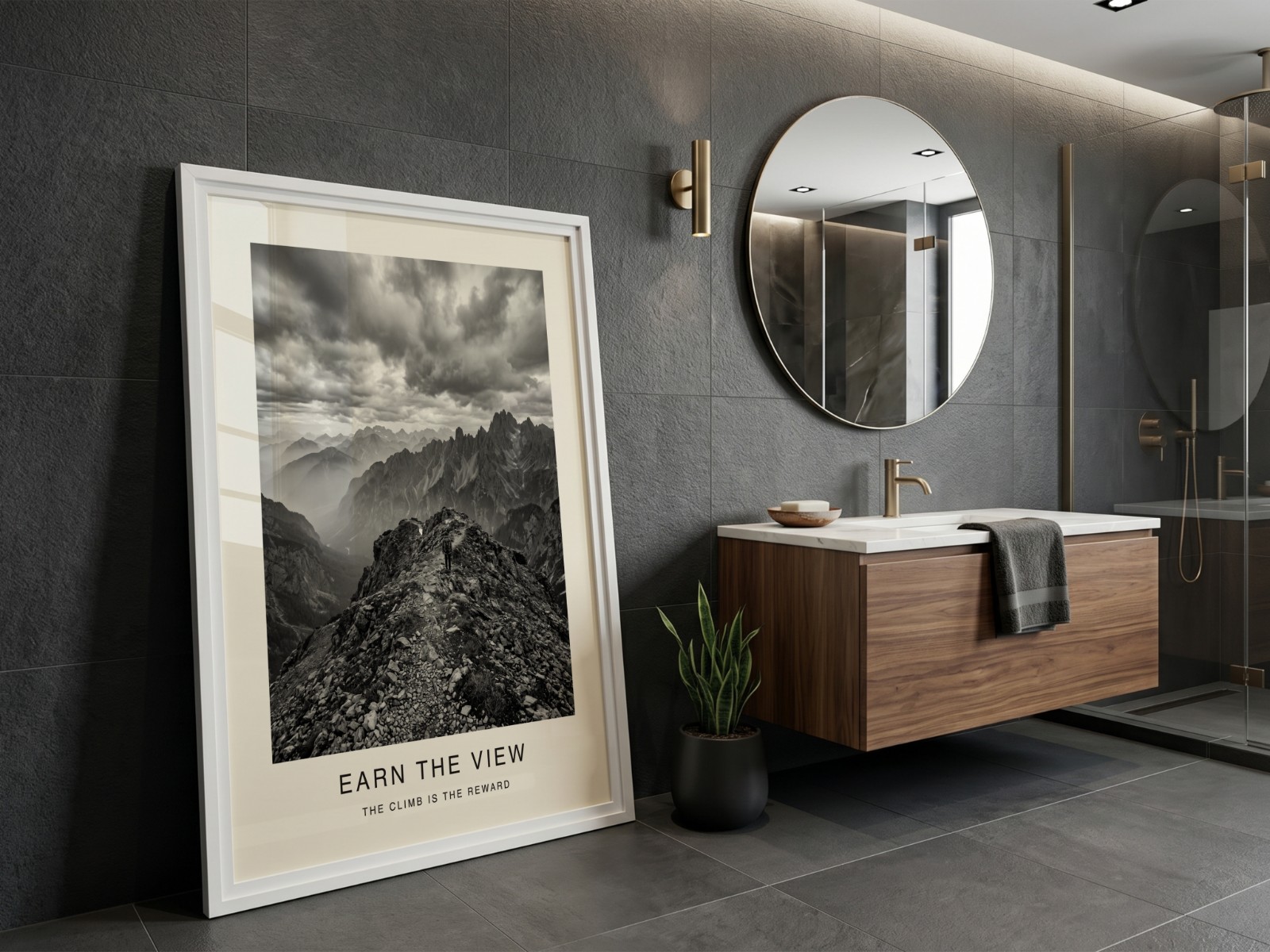 White Frame in Dark Tiled Bathroom showing a black and white mountain print