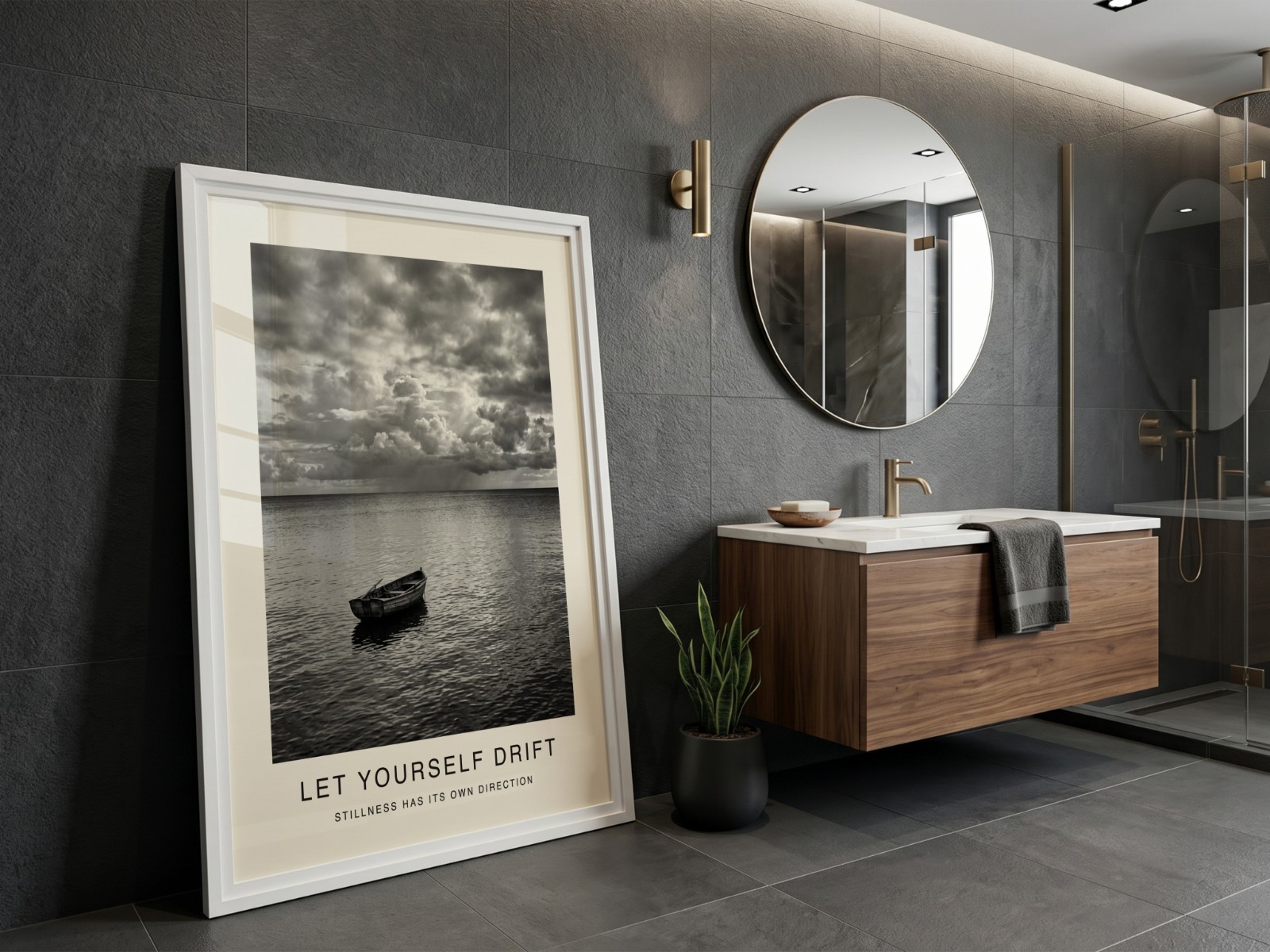 White Frame in Dark Tiled Bathroom showing a black and white seascape print