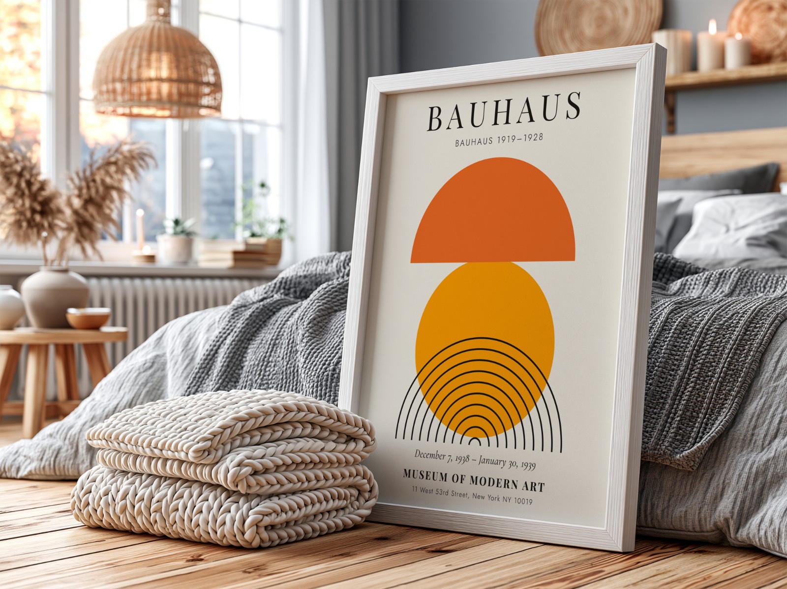 White Frame in Grey Scandinavian Bedroom showing a Bauhaus sun print