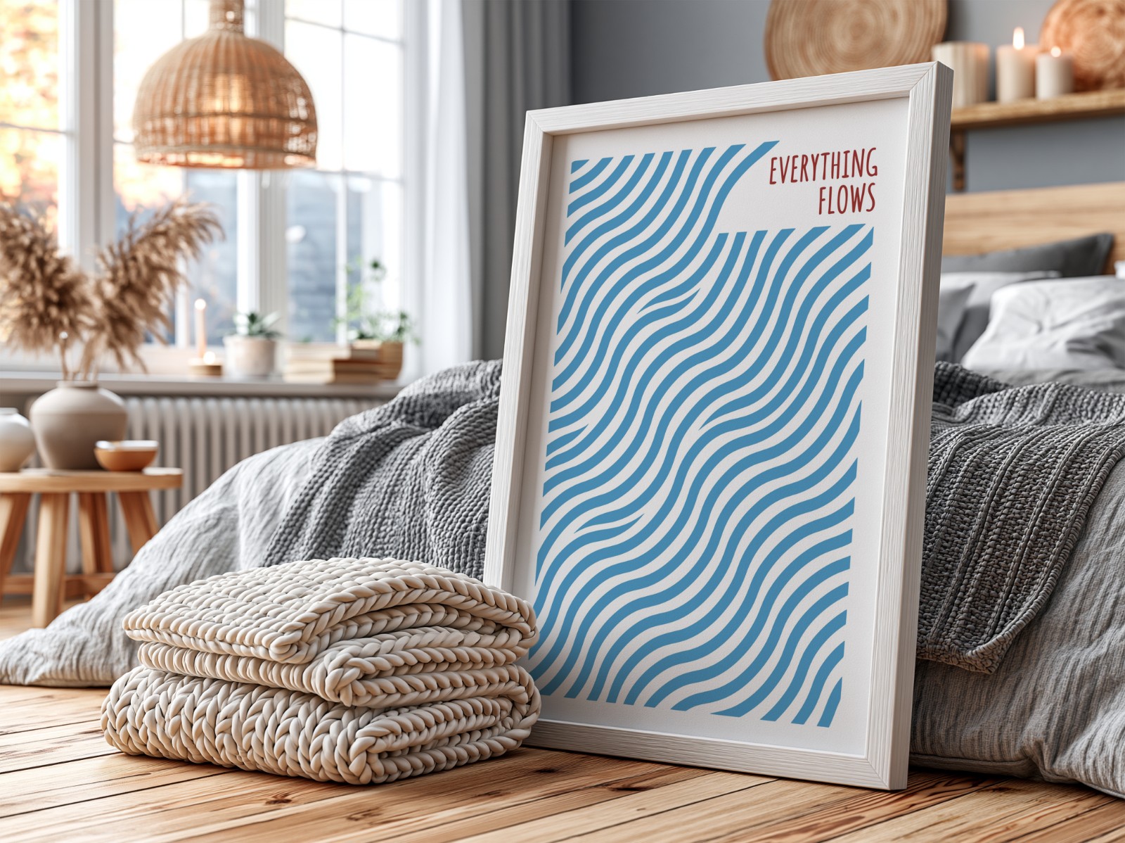 White Frame in Grey Scandinavian Bedroom showing an Everything Flows wave print