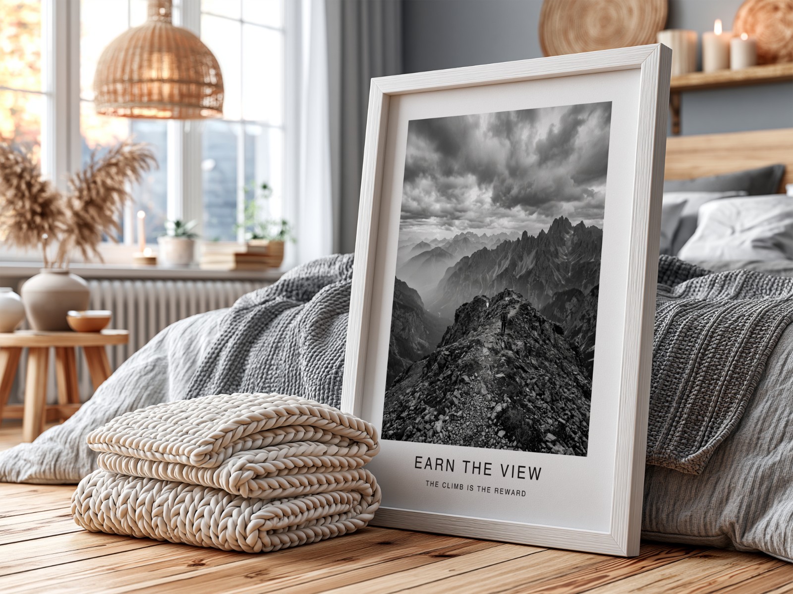 White Frame in Grey Scandinavian Bedroom showing a black and white mountain print