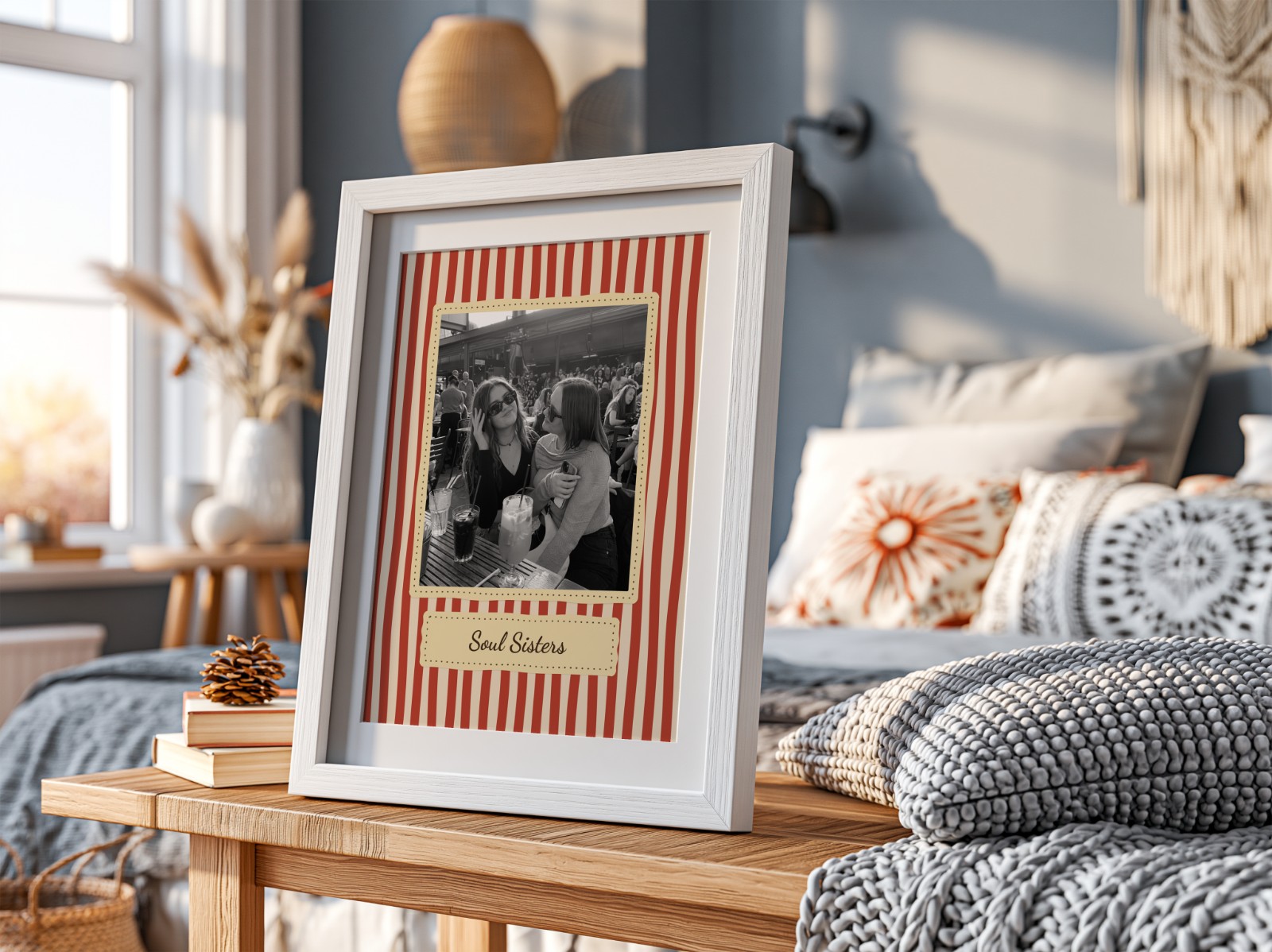 White Frame with Mat on Bedside Table showing a retro Soul Sisters print