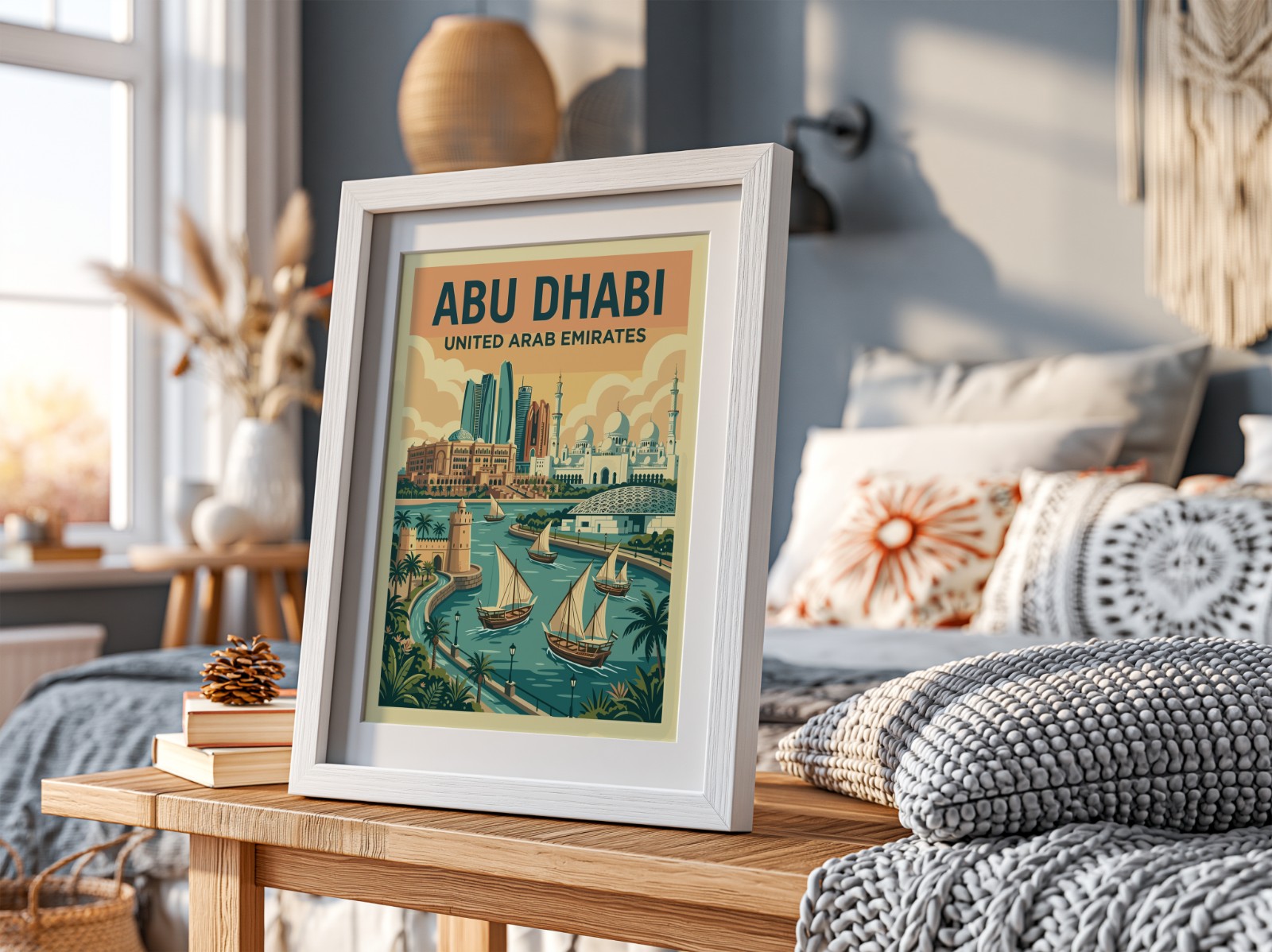 White Frame with Mat on Bedside Table showing an Abu Dhabi travel poster