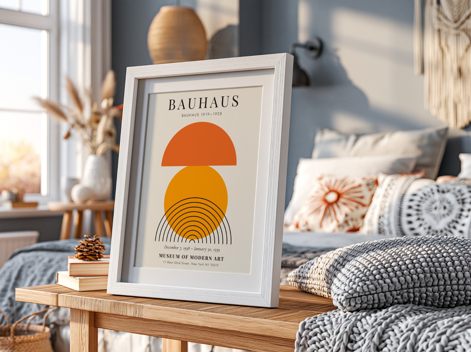 White Frame with Mat on Bedside Table showing a Bauhaus sun print