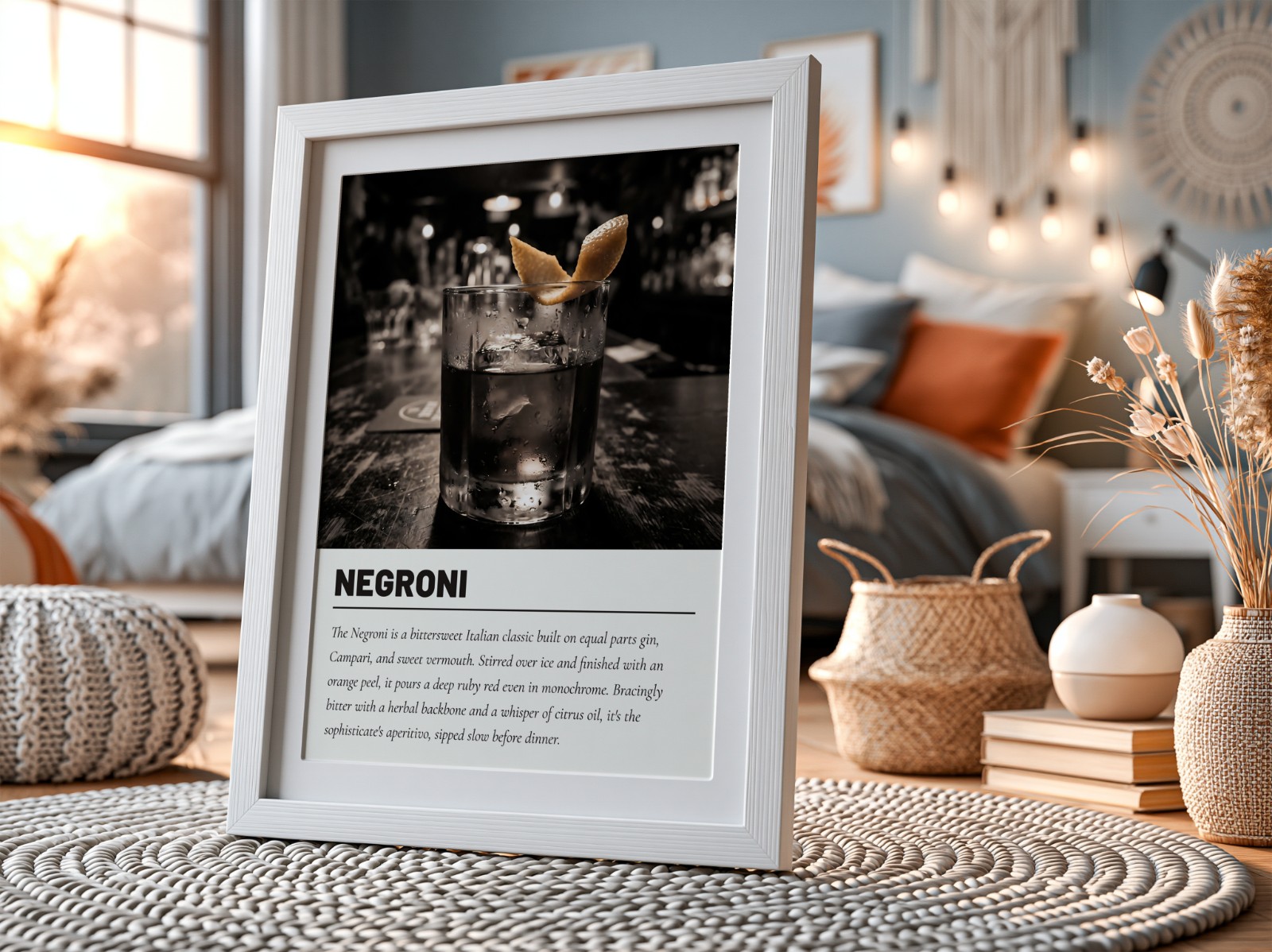 White Frame with Mat in Boho Bedroom showing a Negroni cocktail print