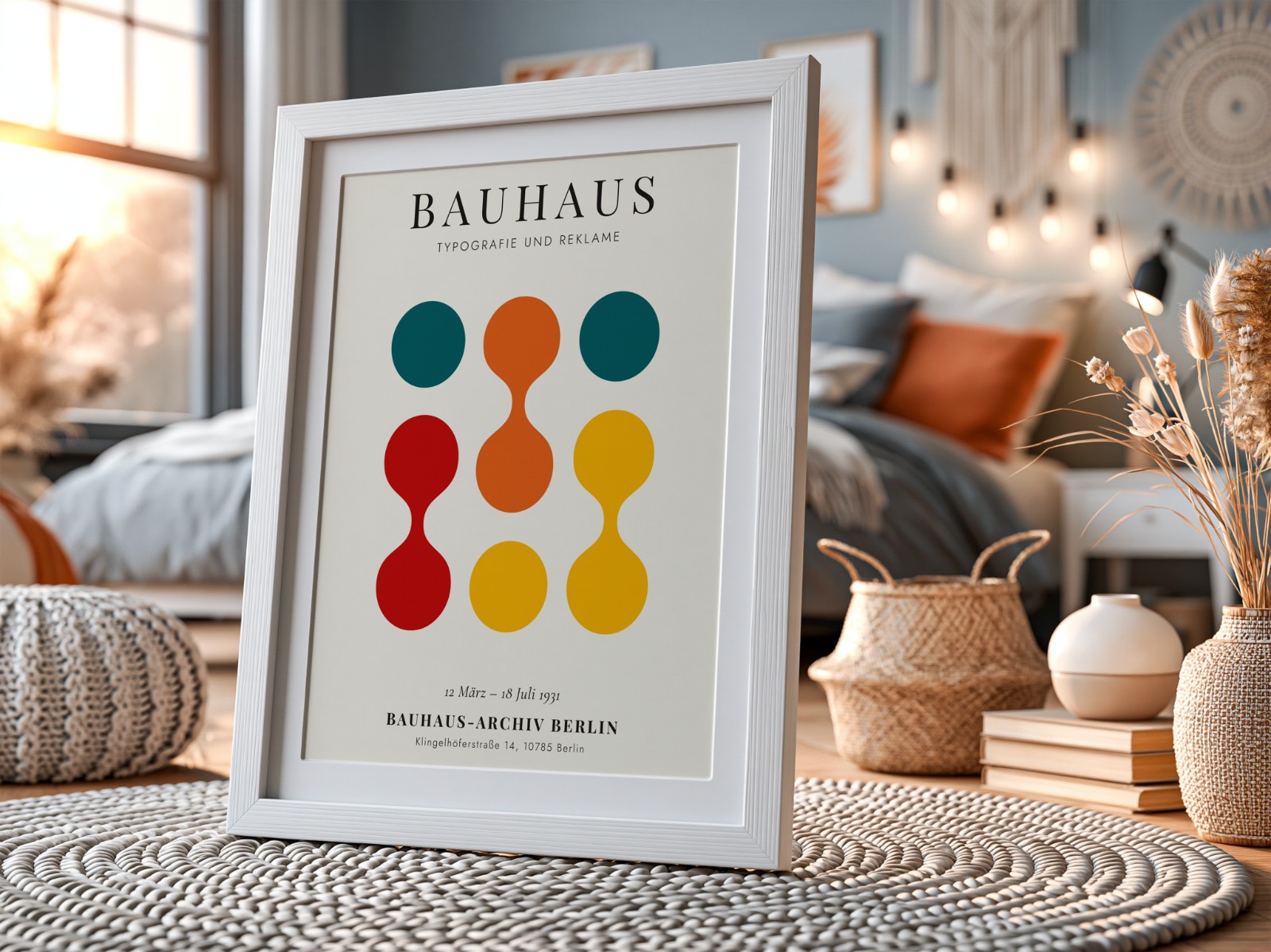 White Frame with Mat in Boho Bedroom showing a Bauhaus circles print