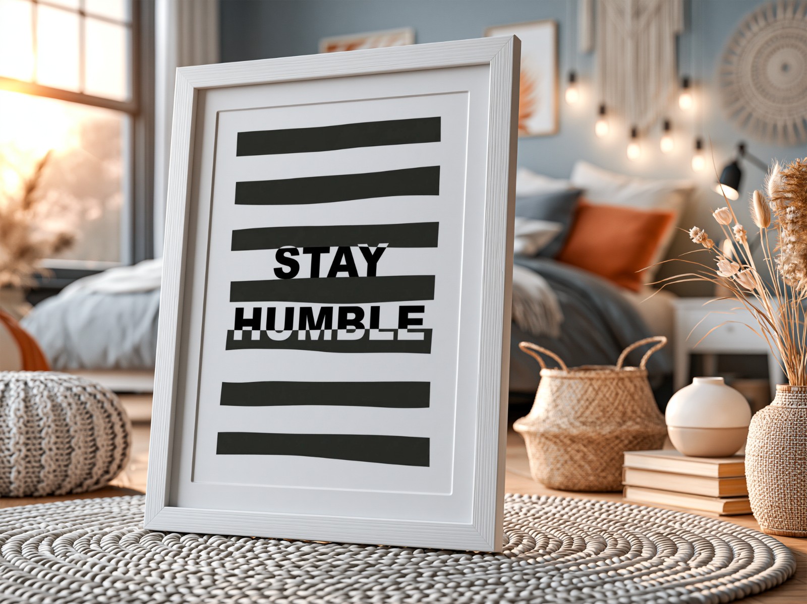 White Frame with Mat in Boho Bedroom showing a Stay Humble typography print