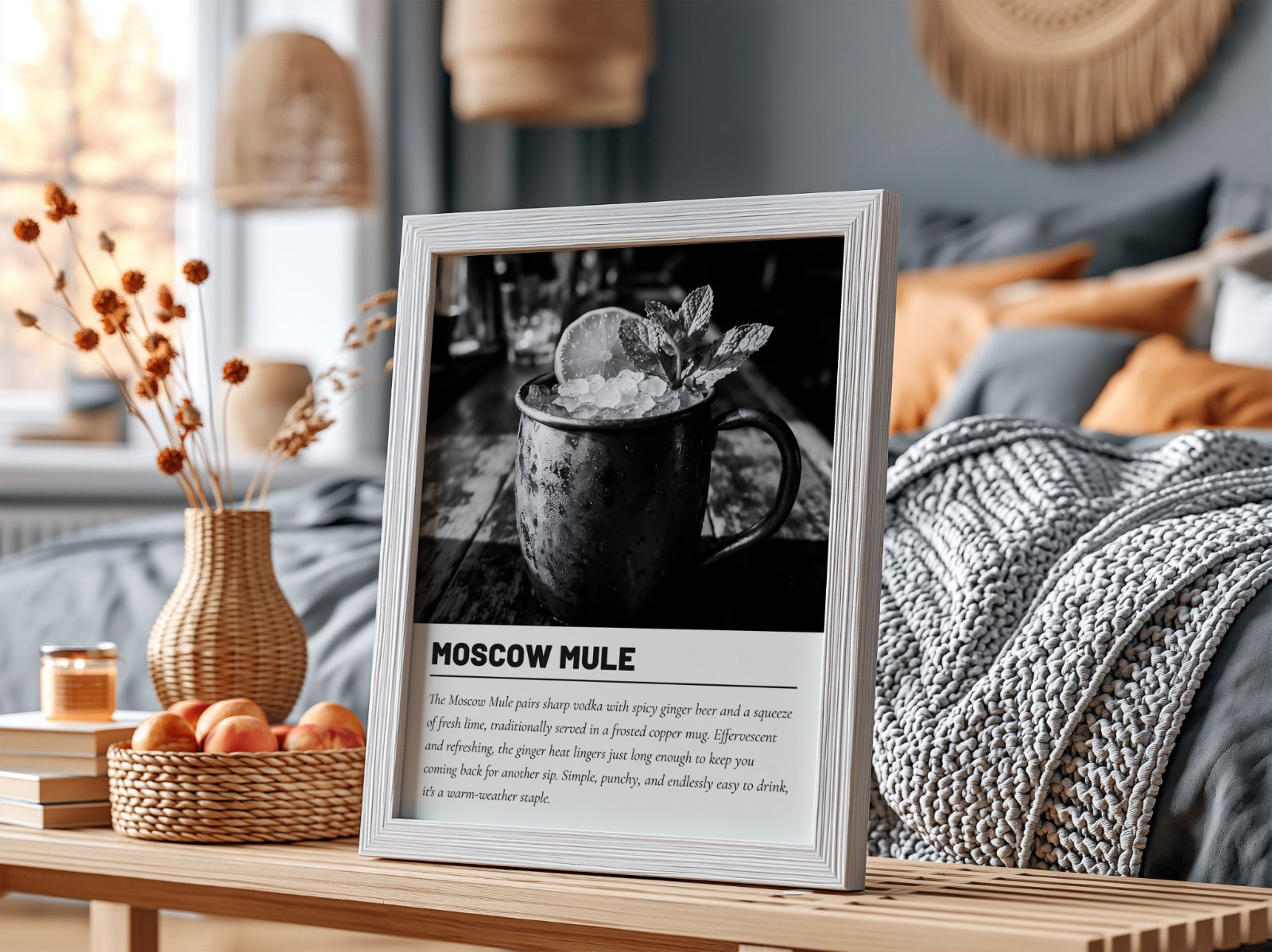 White Frame on Table in Cosy Bedroom showing a Moscow Mule cocktail print