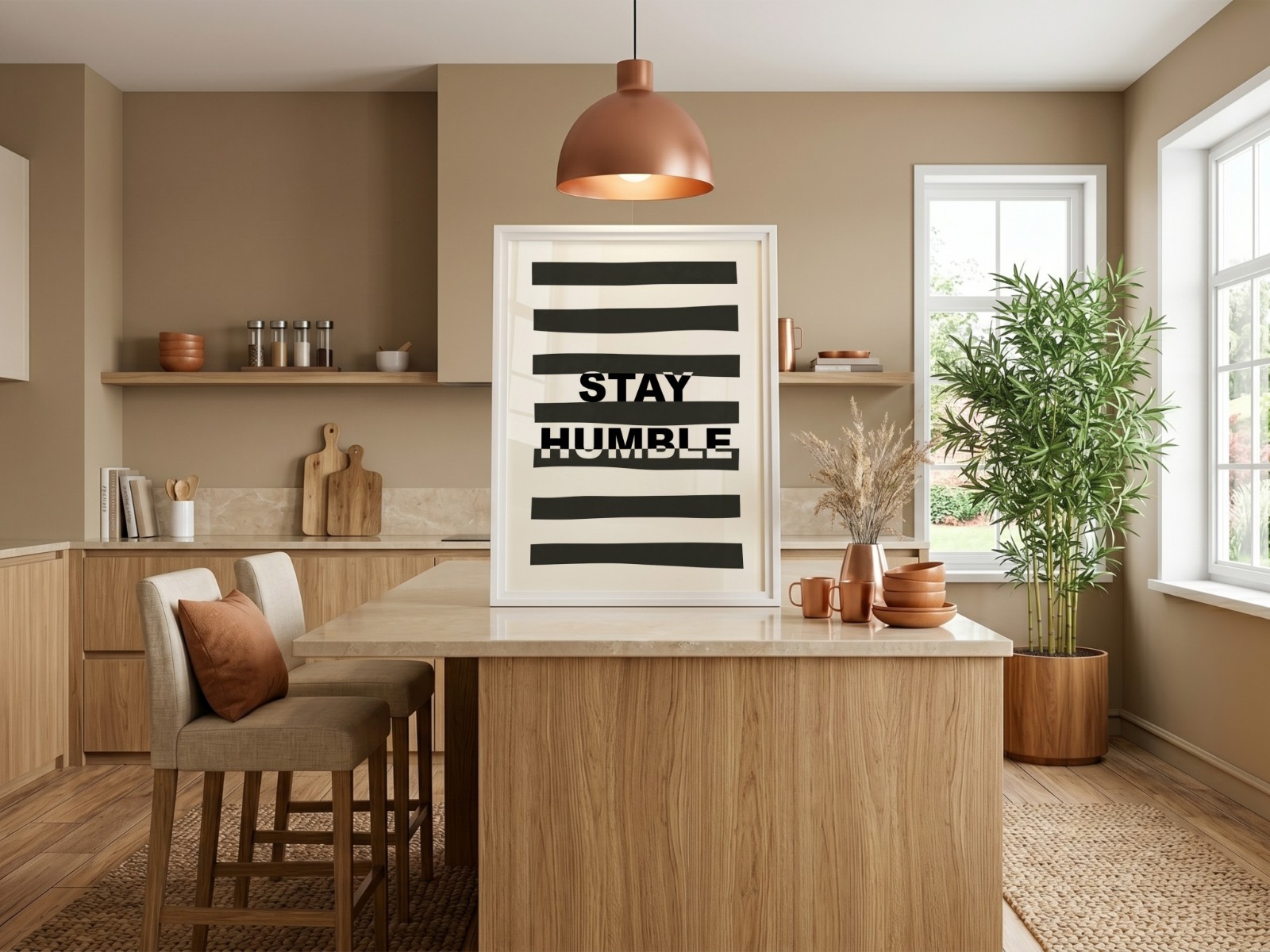 White Frame on Wooden Kitchen Island showing a Stay Humble typography print