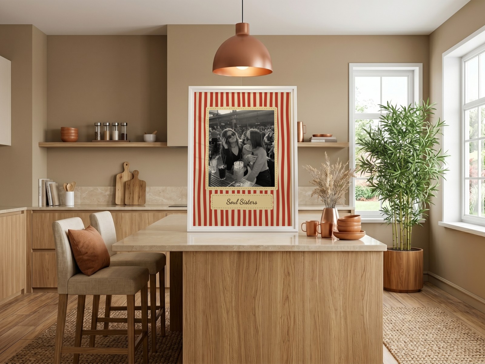 White Frame on Wooden Kitchen Island showing a retro Soul Sisters print