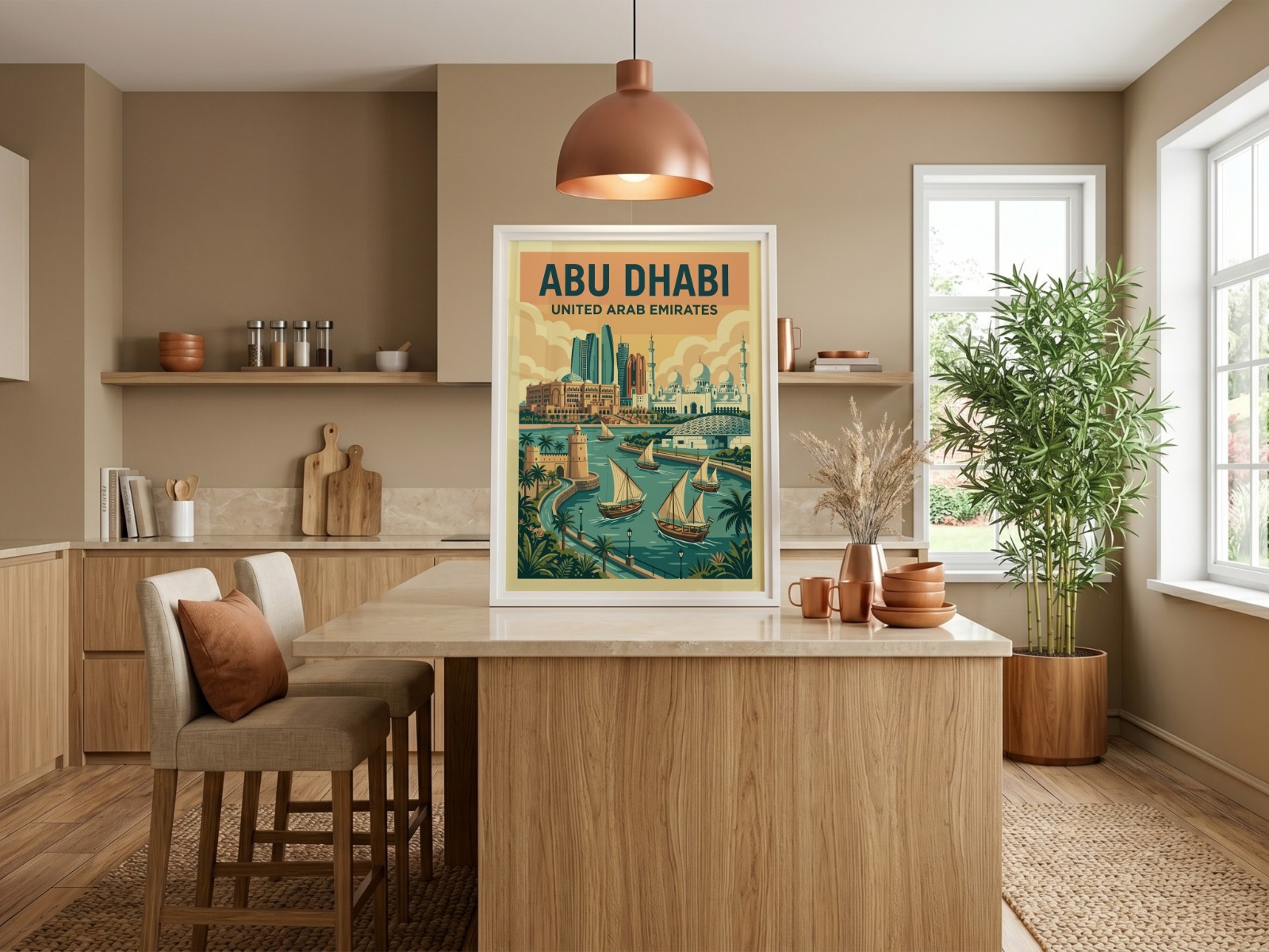 White Frame on Wooden Kitchen Island showing an Abu Dhabi travel poster