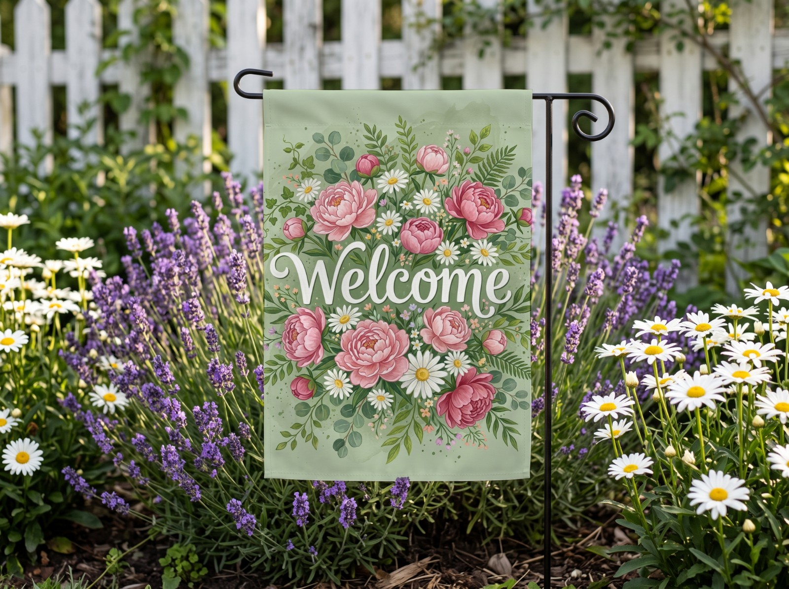 White Garden Flag Mockup in a Lavender and Daisy Bed example