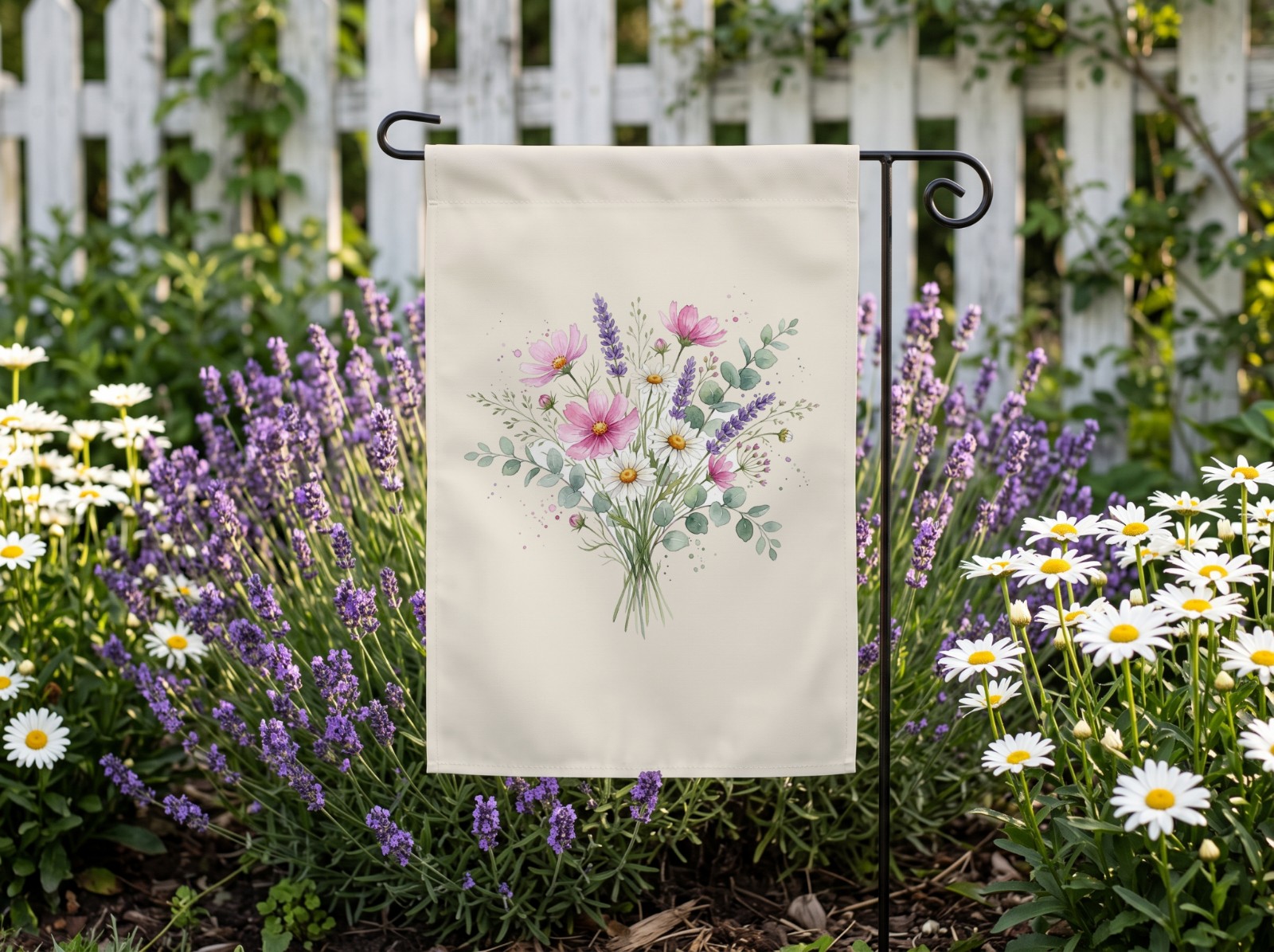 White Garden Flag in a Lavender and Daisy Bed showing a watercolour wildflower bouquet