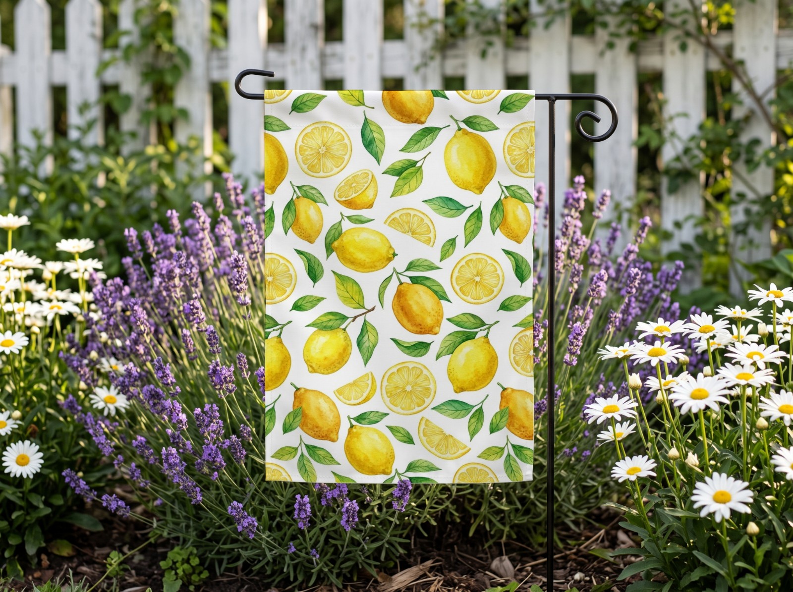 White Garden Flag in a Lavender and Daisy Bed showing a watercolour lemon pattern