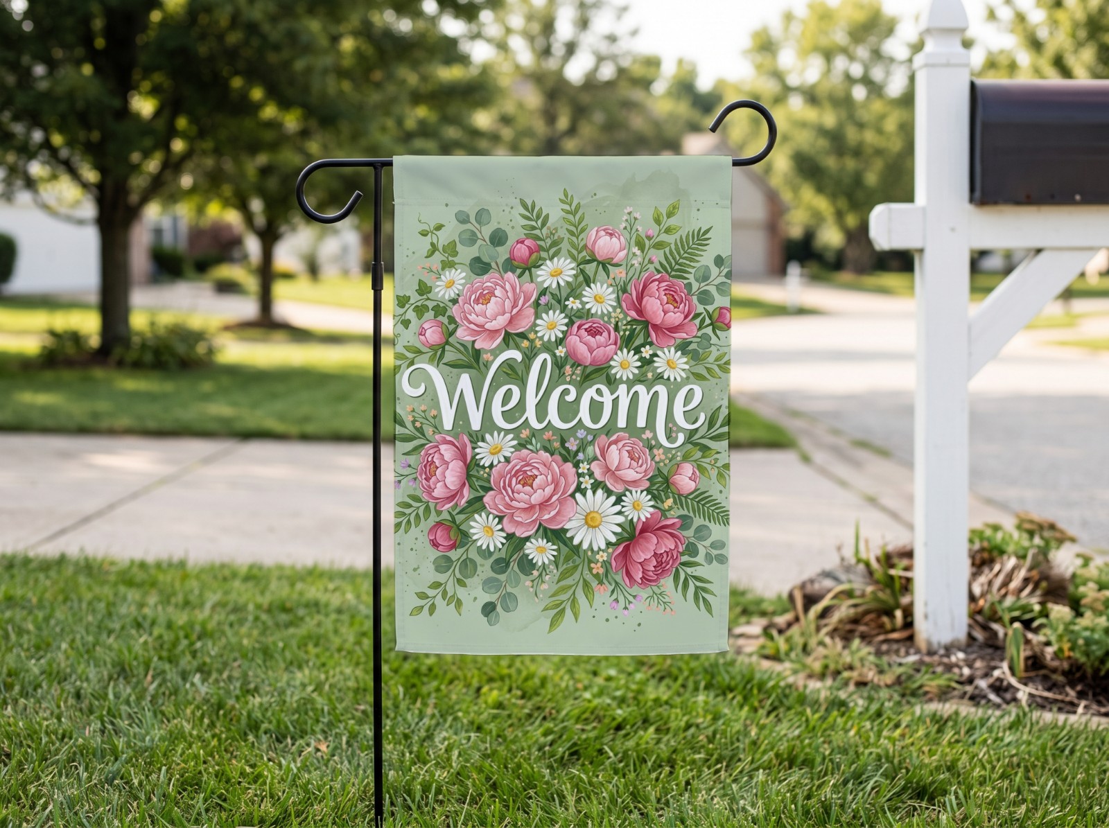 White Garden Flag Mockup on a Lawn by a Mailbox example
