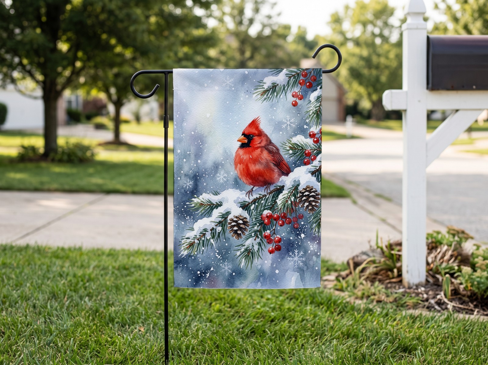 White Garden Flag on a Lawn by a Mailbox showing a winter cardinal design